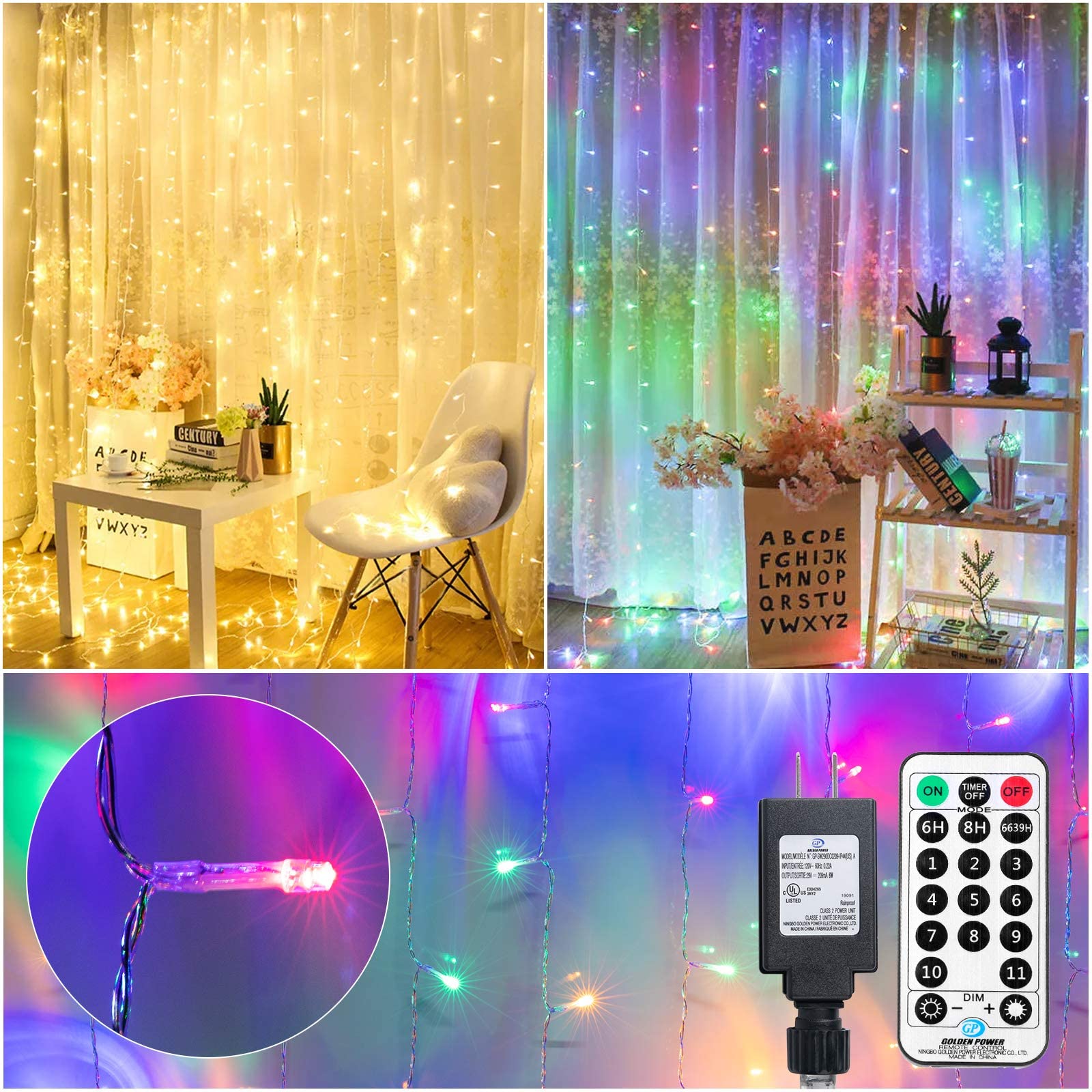 Brightown Curtain Lights 9.8X9.8 Feet 300 LED 11 Lighting Modes with Remote Control 2 Colors Hanging String Fairy Lights for Wal
