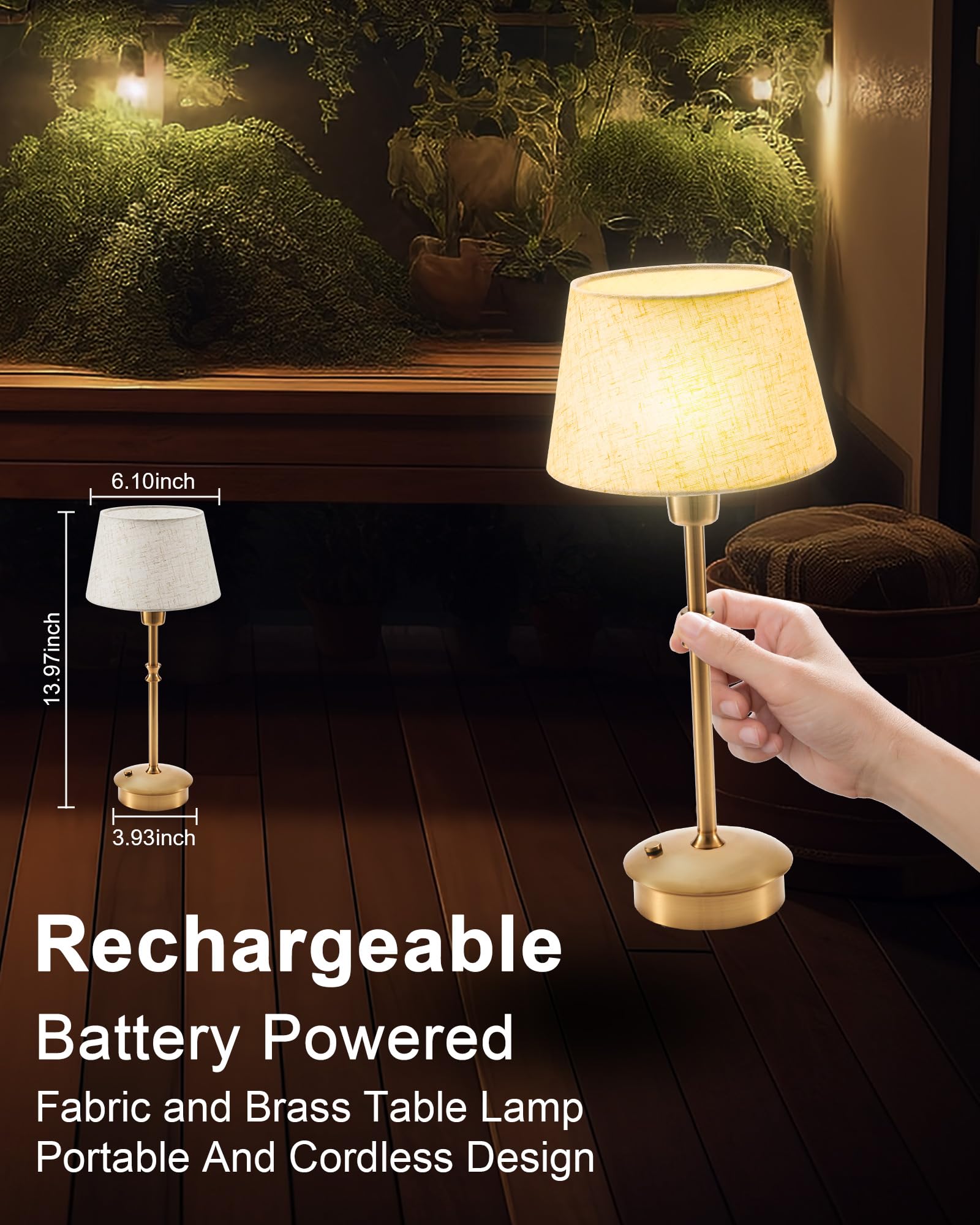 UMEXUS Cordless Table Lamps Set of 2, Dimmable, 13.97inH, Beige Fabric Shade, Antique Brass, Model HVUS-20632E6