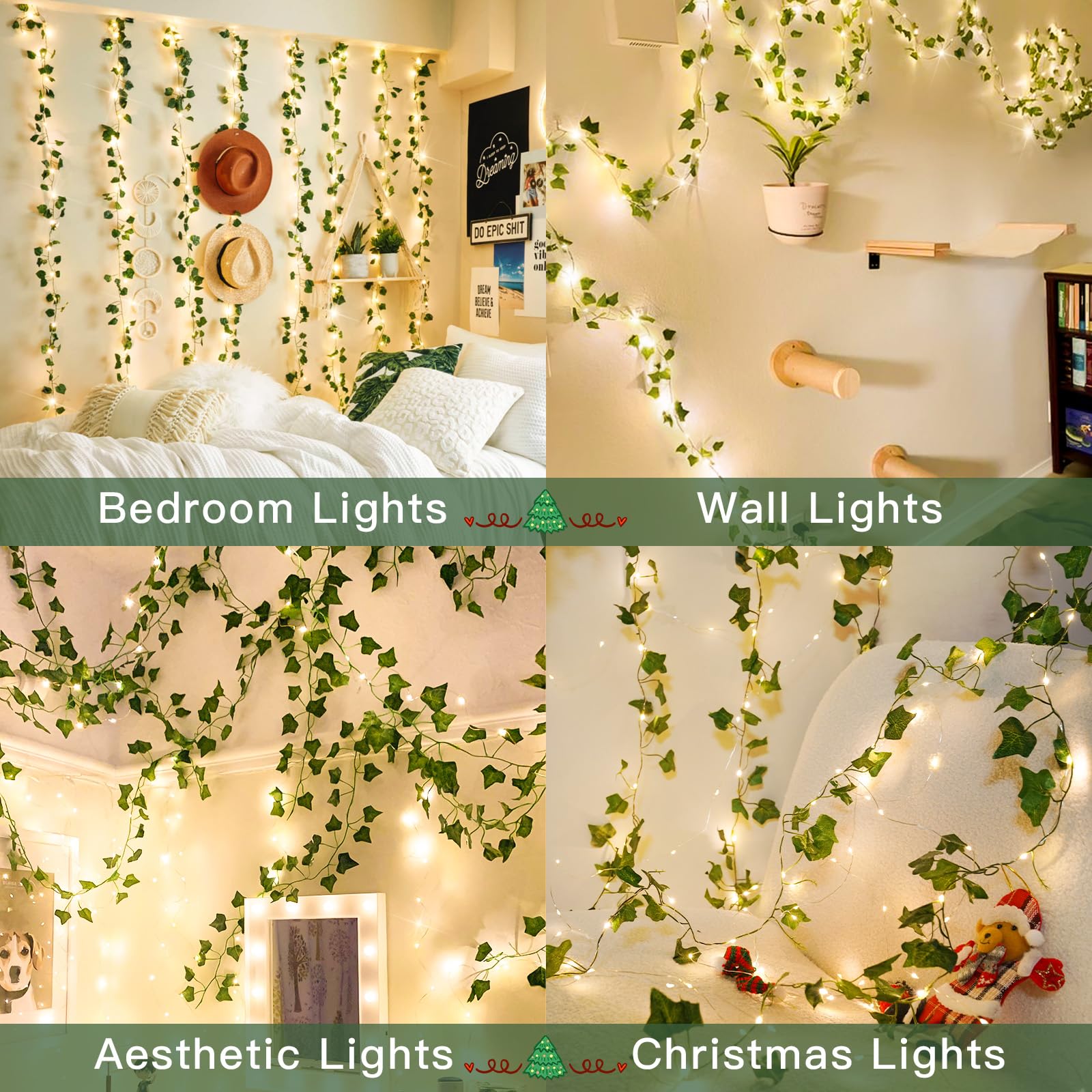 suddus Ivy String Lights with Remote, 100 LED, 33ft Copper Wire, Battery Operated, Warm White for Bedroom, Garden, Party Decor