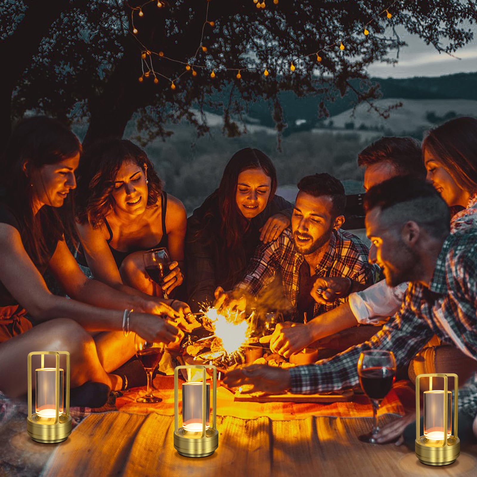 Cordless Table Lamp For Outdoor Indoor, Portable Metal Desk Lamp, Rechargeable Led Crystal Lantern Lamp, 3 Color Stepless Dimming Touch, Battery Powered Table Light For Bedroom Restaurant (Gold)
