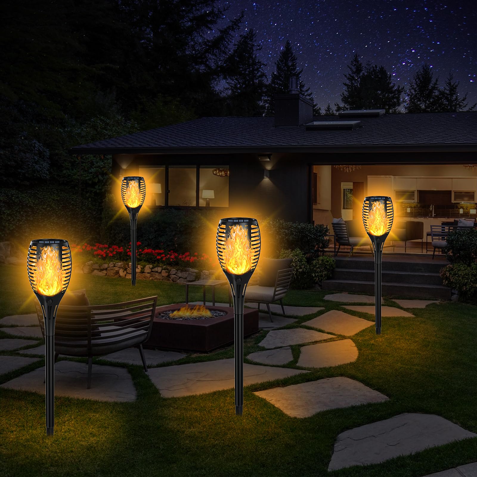 Upgraded Solar Lights Outdoor 4 Pack, Solar Torch Lights With Flickering Flame, Super Larger Size For Garden Decor, Solar Powere