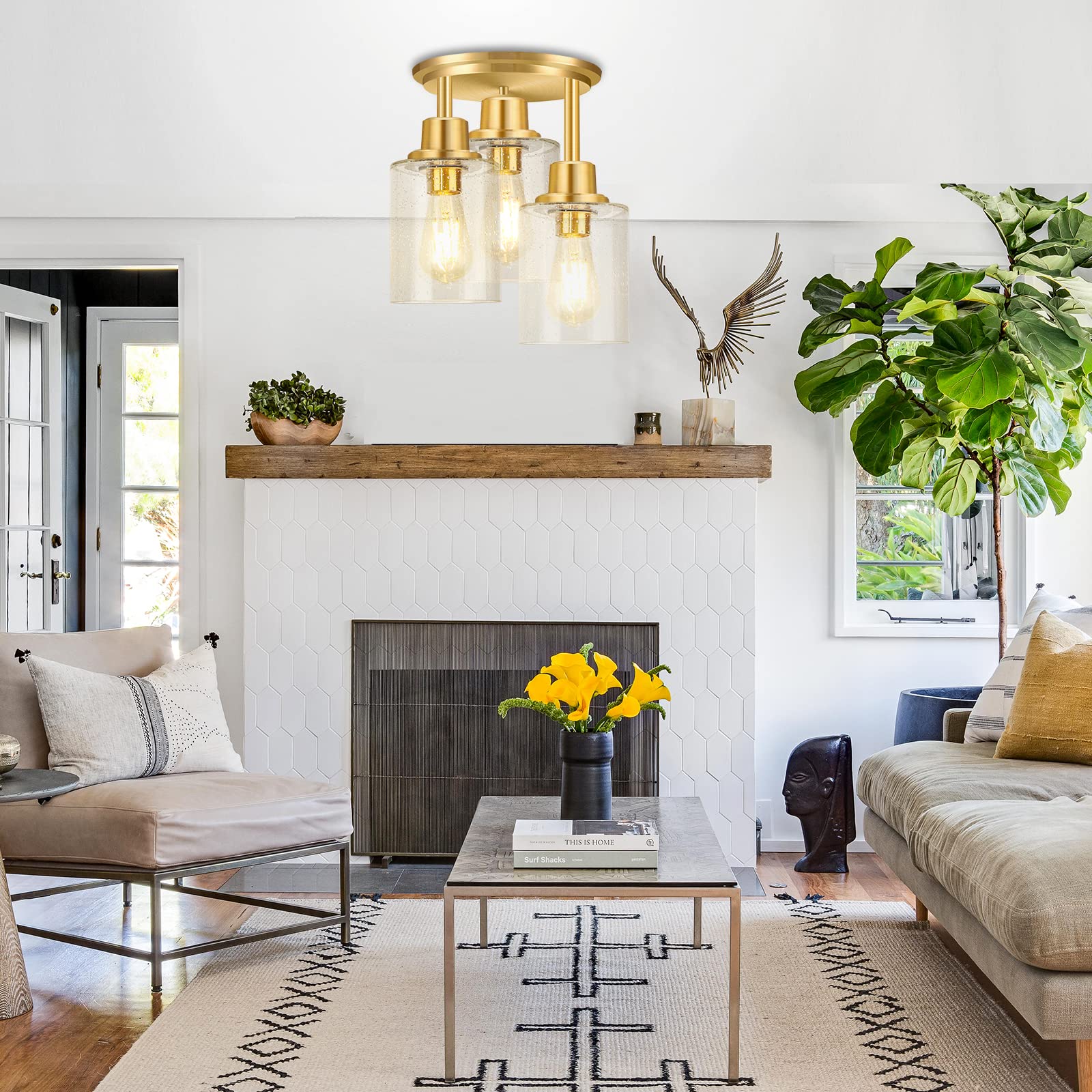 ROTTOGOON Semi Flush Mount Ceiling Light 3-Light Brass Gold Glass Shade