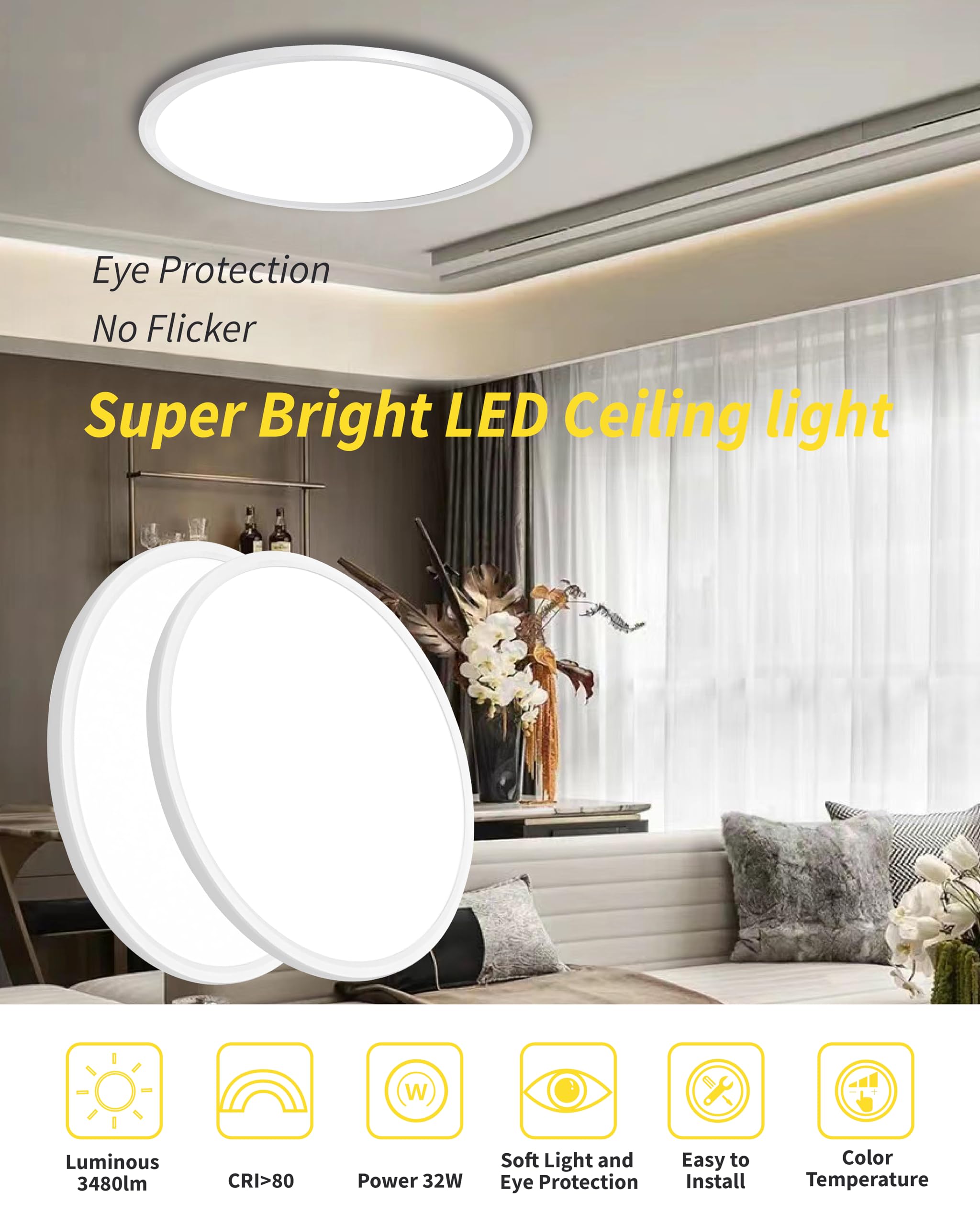 Bright Future Lighting 6-Pack 16" LED Flush Mount Ceiling Light - 32W, 3480LM, Selectable CCT, Ultra Thin, White, Model BFL16-D400H