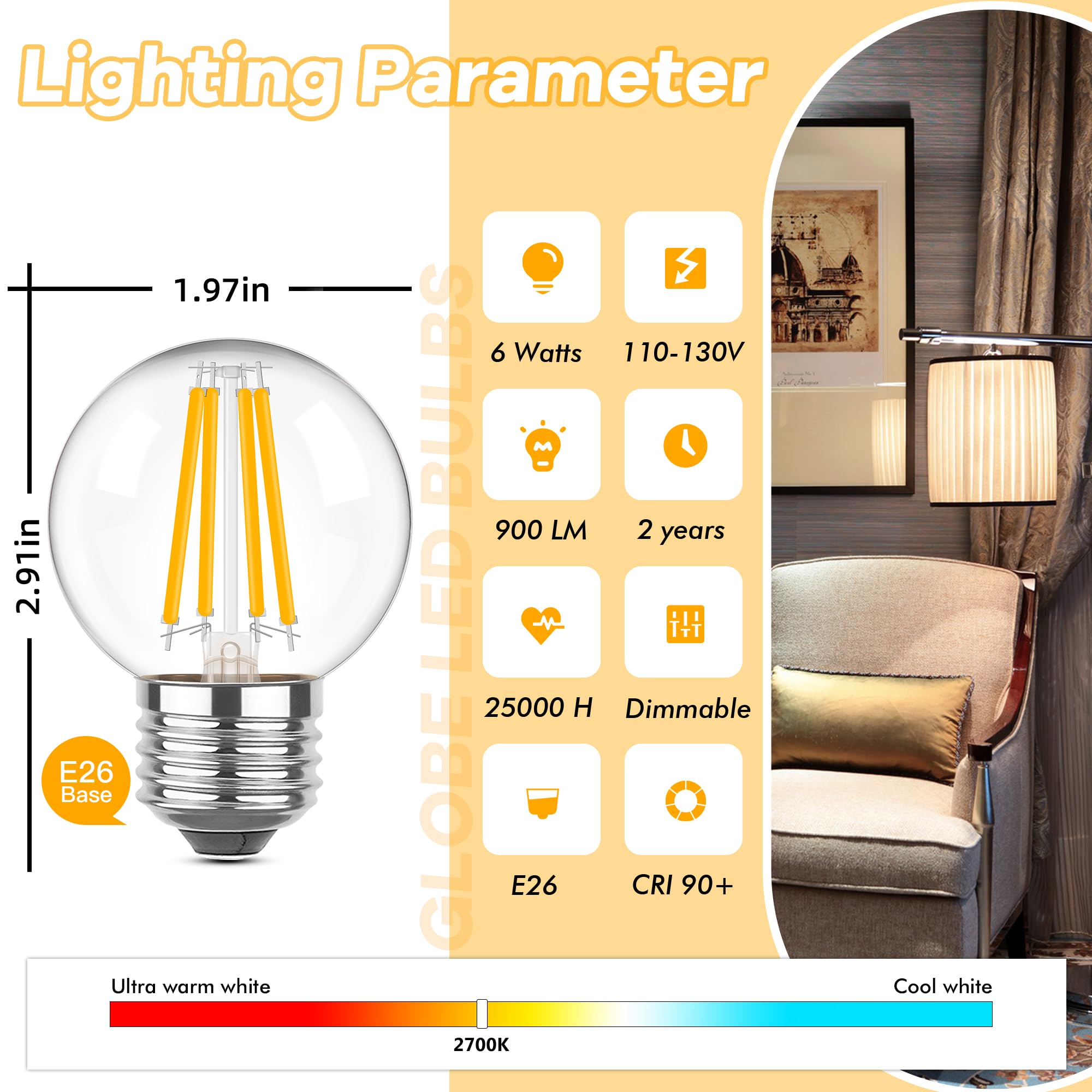 Grensk Dimmable E26 Led Light Bulbs 60 Watt,G16.5 6 Watt Small Edison Globe Bulb,2700K Warm White Filament Vintage Light Bulb Fo