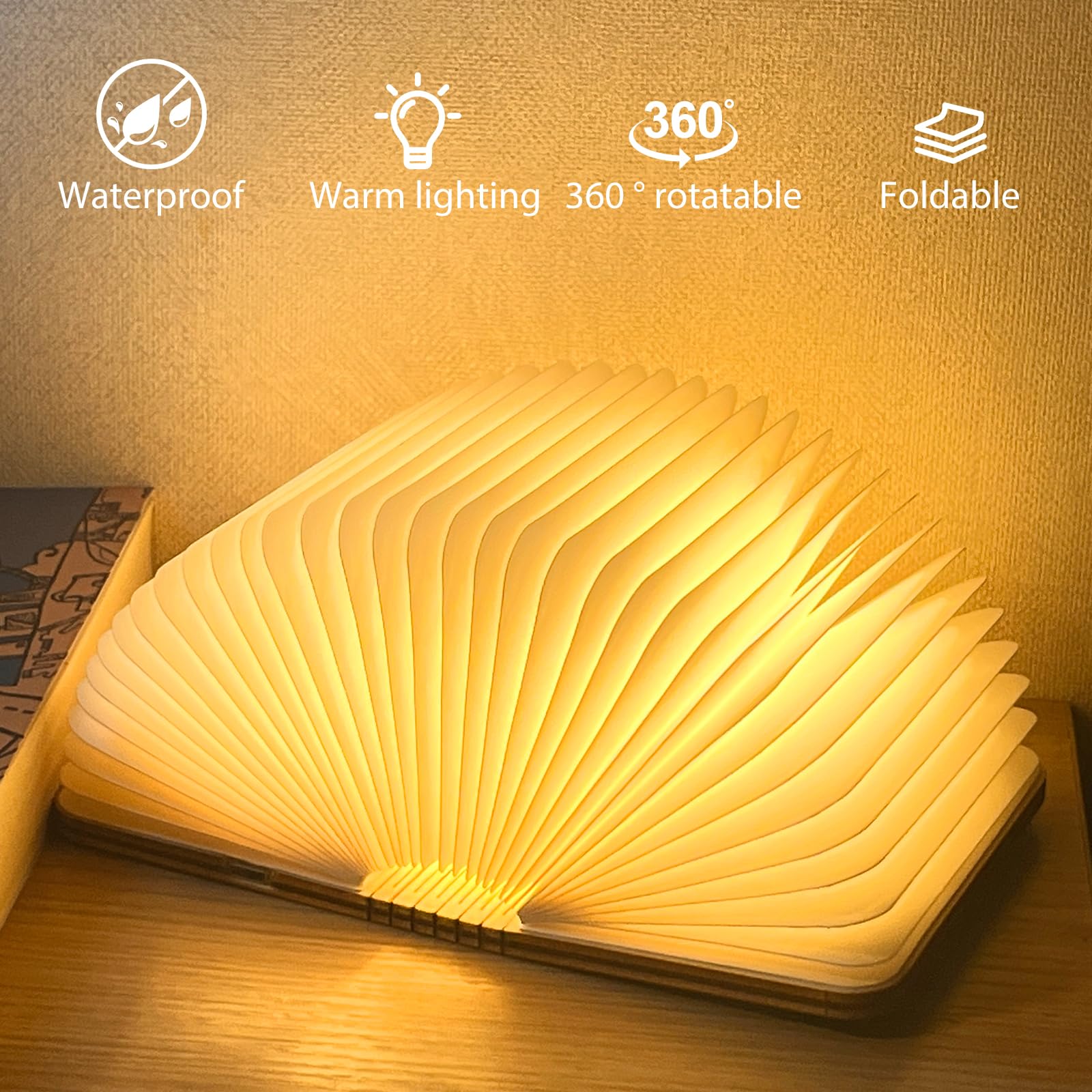 Dlufyei Folding Book Lamp, Wooden Book Light(3 Color,Portable Usb Rechargeable Night Light, Home Office Decoration Gift Led Book