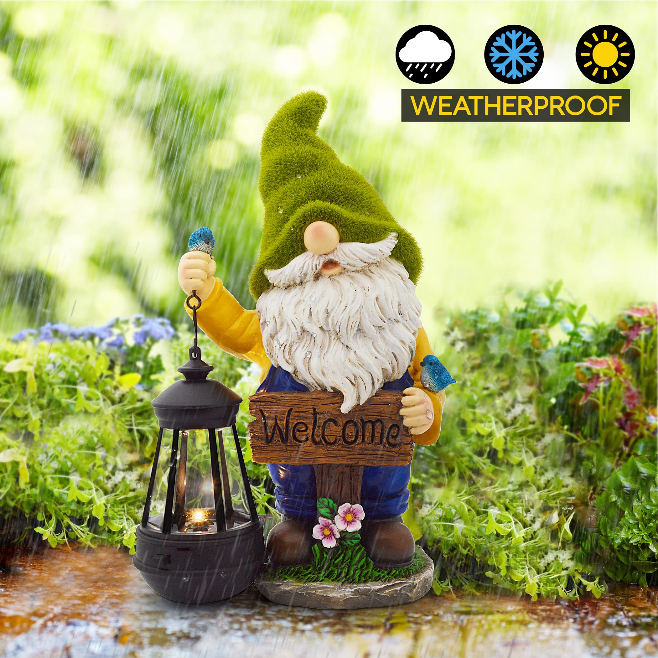 Olekki Garden Gnome Statue with Solar LED Lights - 11.6x6.7x4.3 inch, Flocked, Outdoor Decoration, Model OLKSL-GNM1, Solar