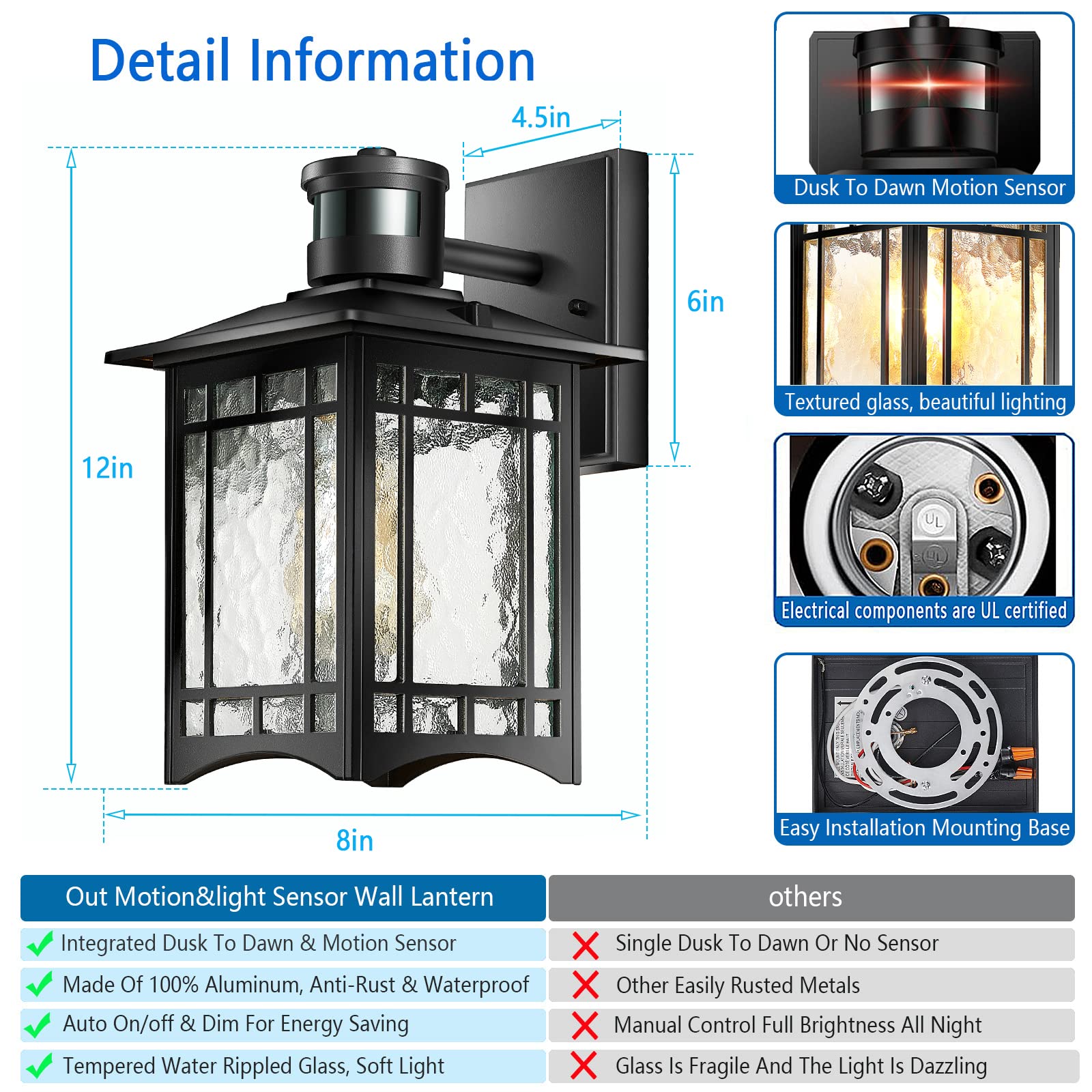 XANGQAN Outdoor Motion Sensor Light Fixture, Black Wall Sconce, Aluminum & Tempered Glass, Dusk to Dawn, Anti-Rust for Patio & Door
