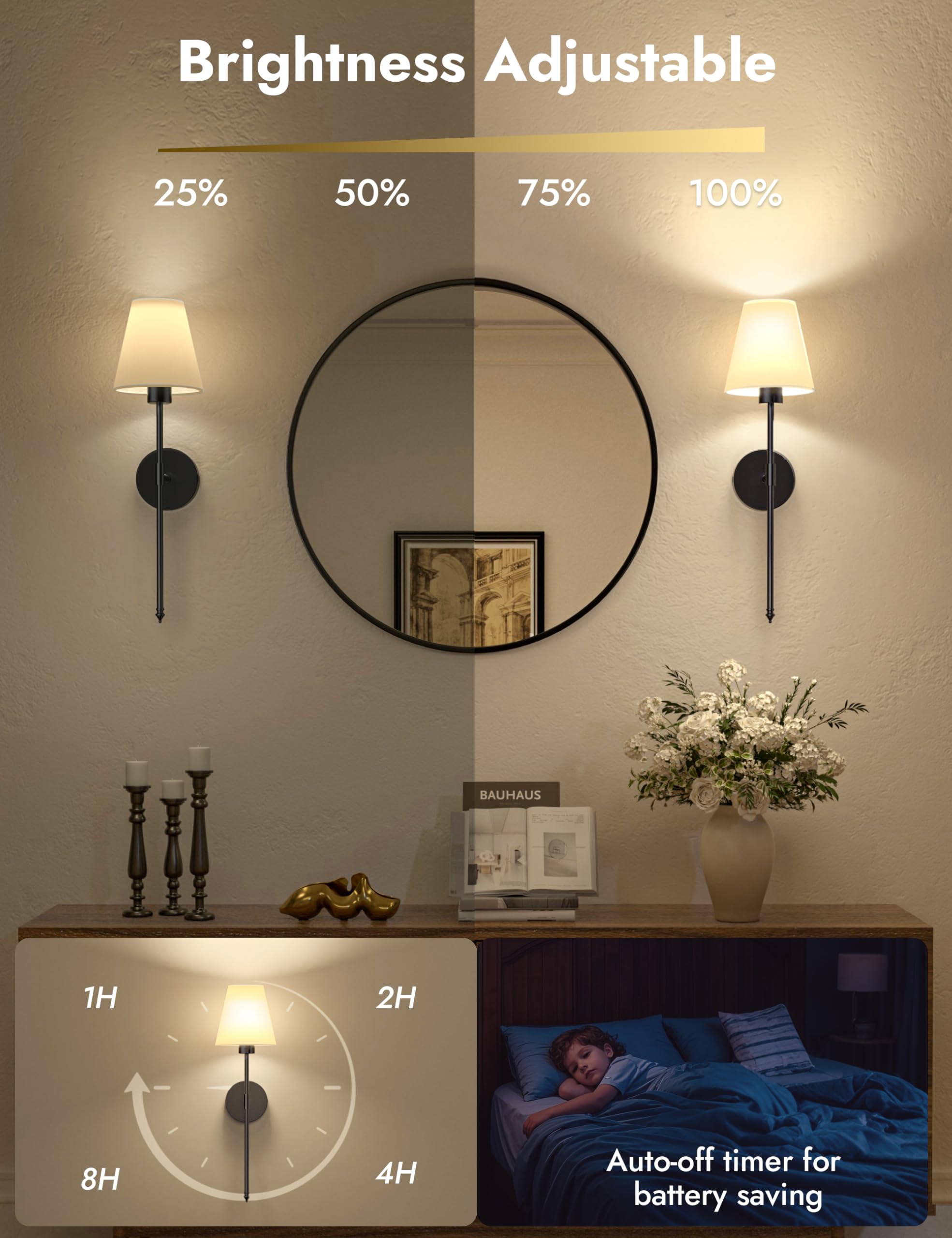 Volisun Battery Operated Wall Sconces Set Of Two, Wireless Wall Sconces With Remote And Dimmable Bulbs, 9 Colors Battery Powered