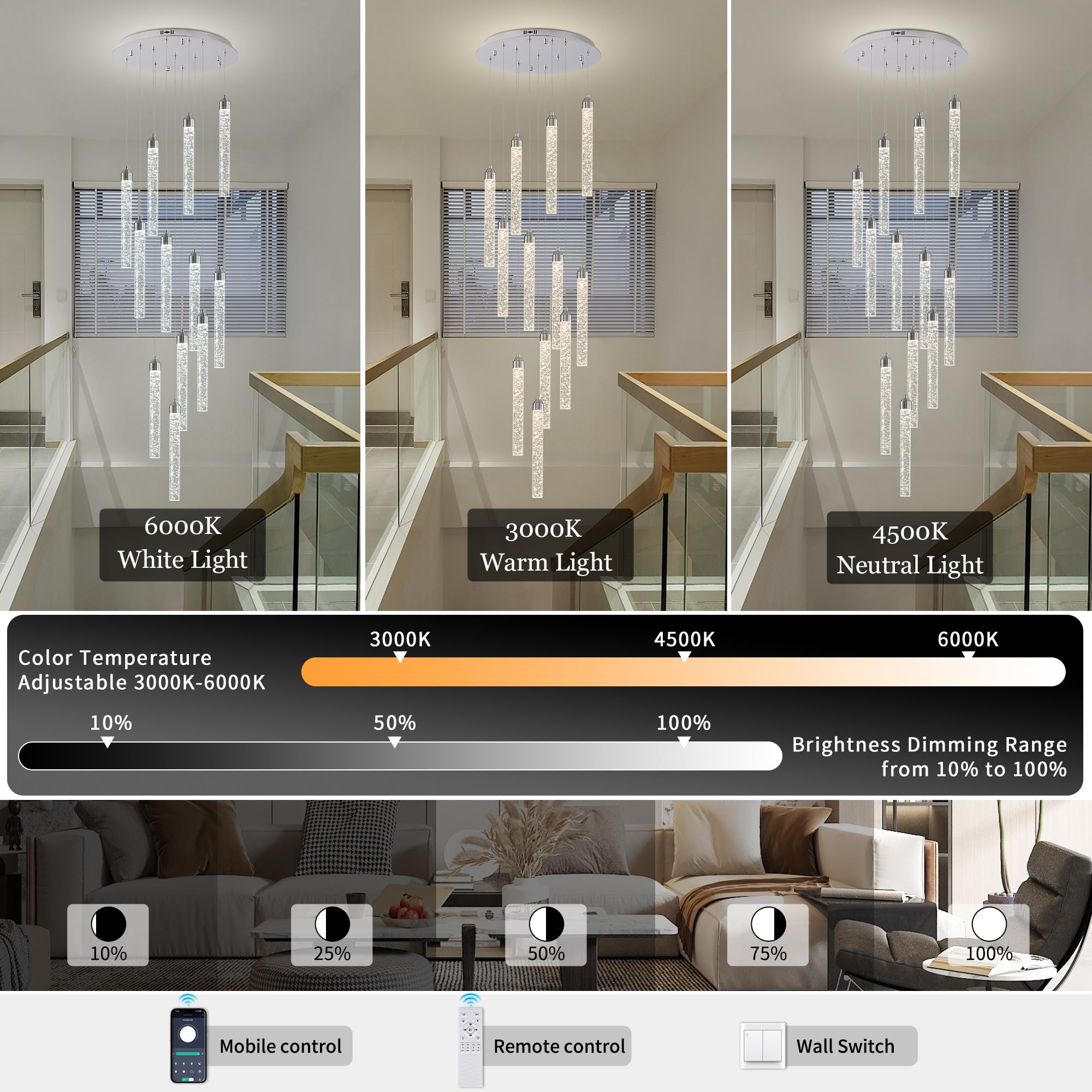 YwueChwu 12-Lights High Ceiling Crystal Staircase Chandelier Chrome, Modern Spiral Raindrop Dimmable LED Bubble Cluster Ceiling