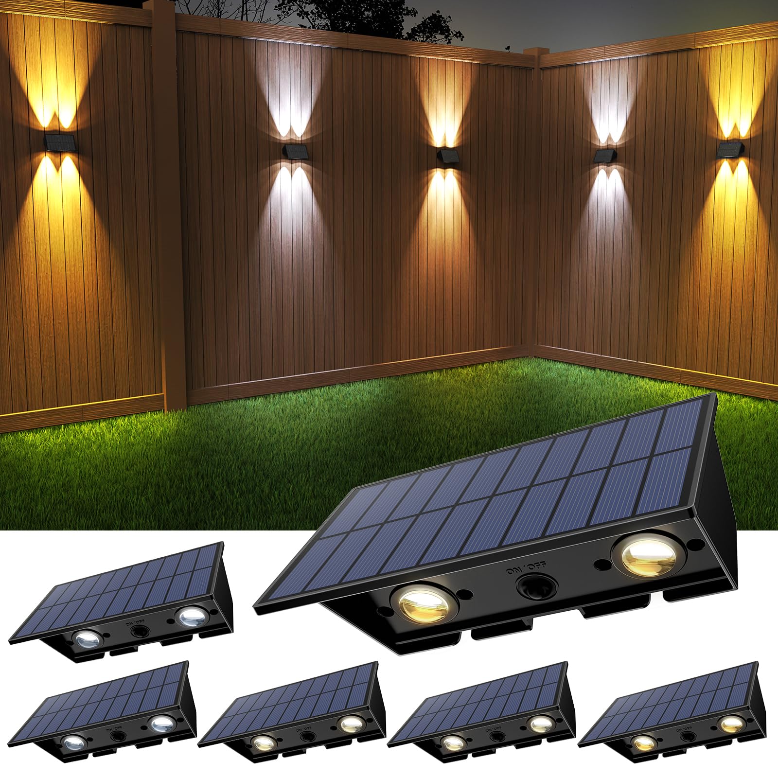 Solar Fence Lights,6Pack Solar Lights Outdoor 2700/4500/6000K 3 Mode Up & Down Solar Wall Lights Waterproof 100 Lumens Solar Pow