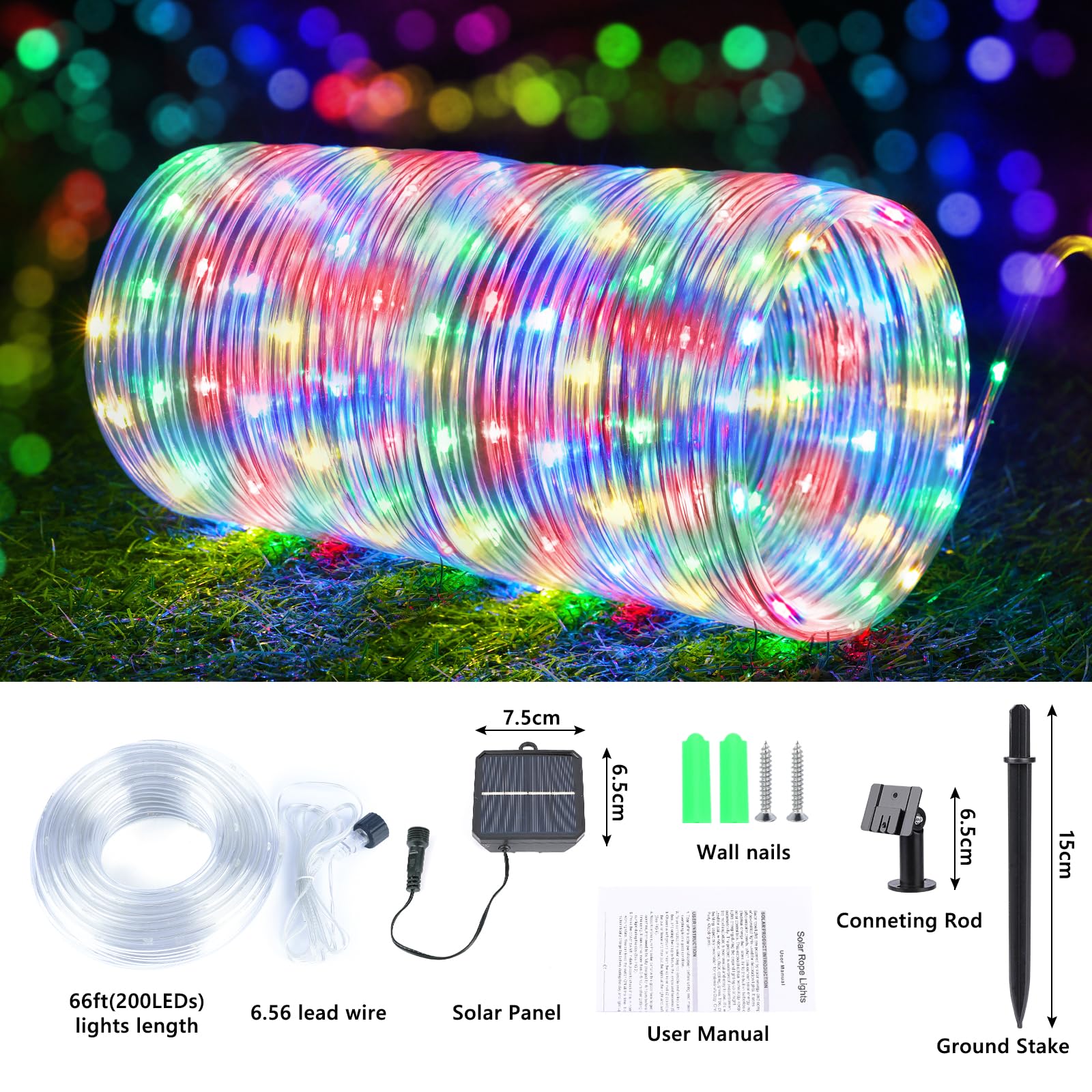 Solar Rope Lights, 2 Packs 66Ft 200Led Solar String Lights, 8 Modes Waterproof Solar Powered Outdoor Light, Flexible Clear Tube