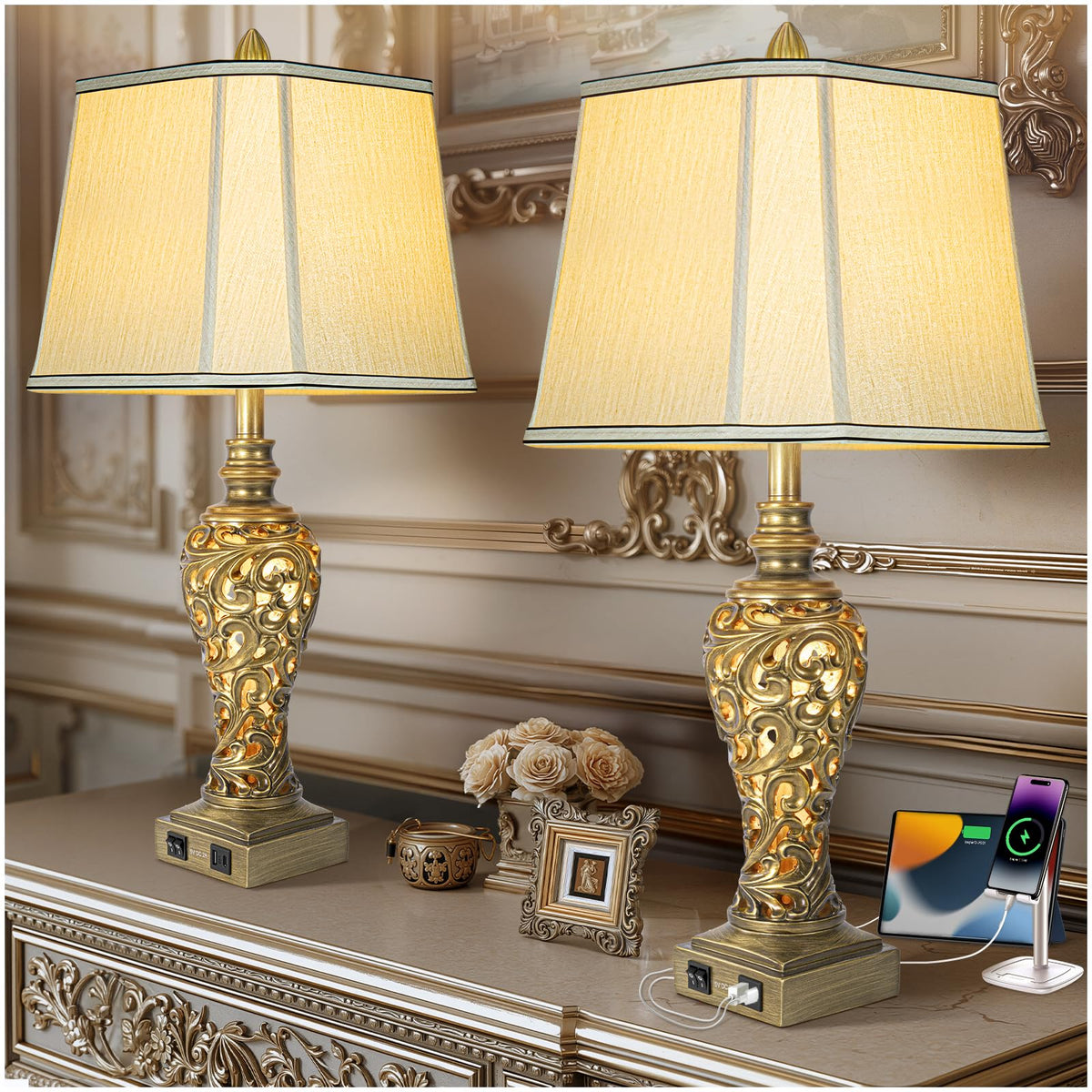 28.5'' Table Lamps Set Of 2 For Living Room, Vintage Bedside Lamps With Usb A+C Ports & Nightlight, Farmhouse Nightstand Lamps W