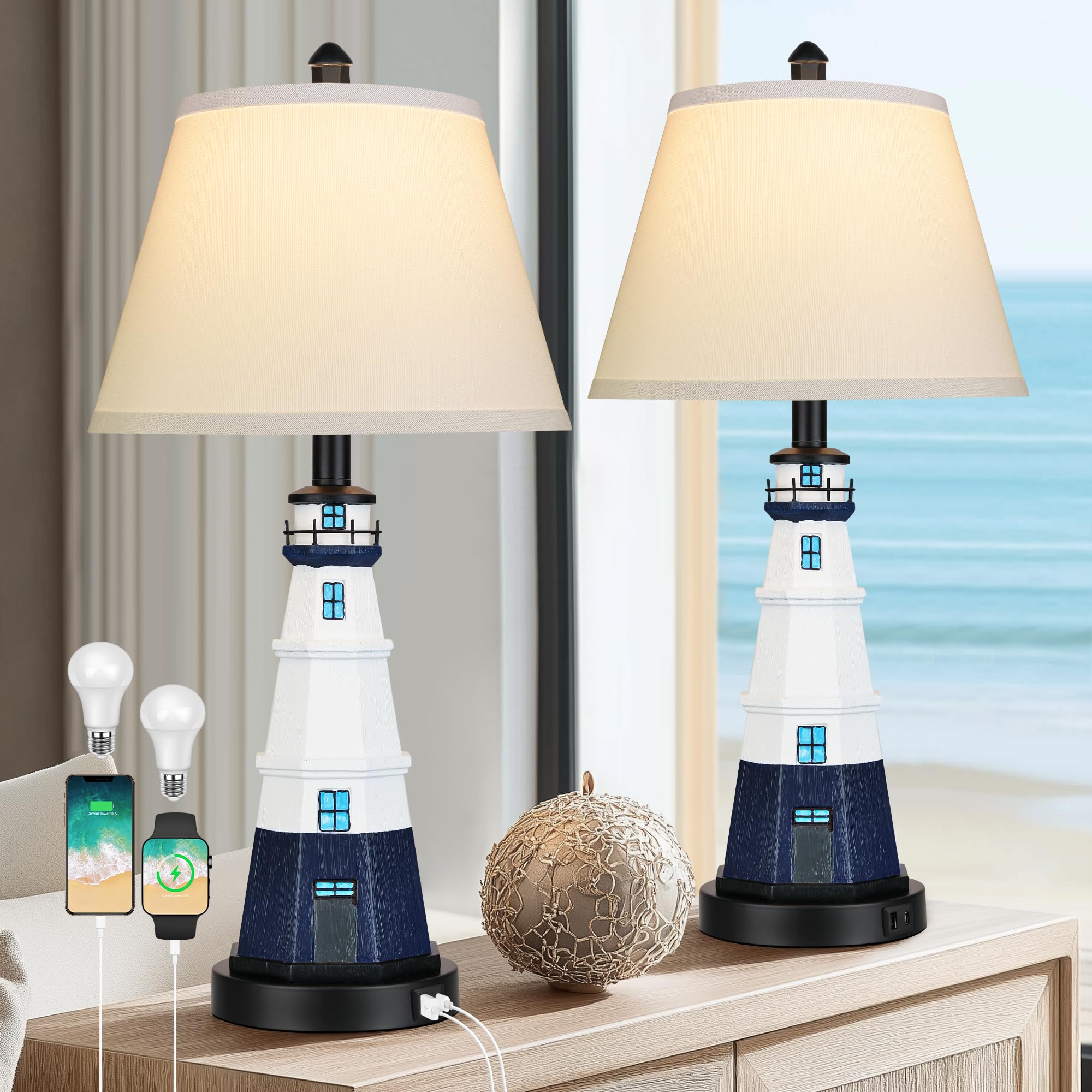 WIHTU Table Lamps Set of 2, Nautical Resin Reading Light, Modern White Navy Blue, HD-LWTTD-Navy