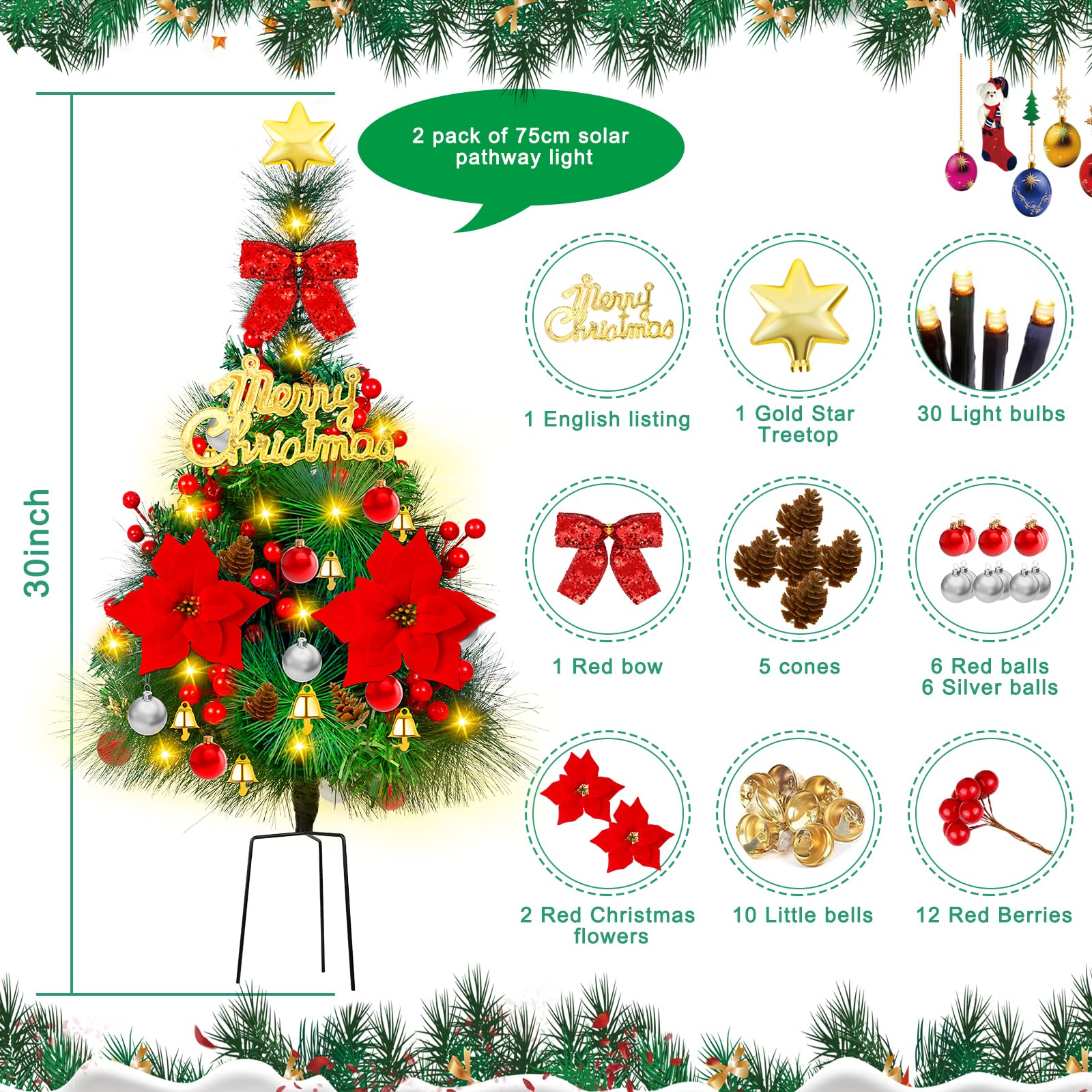 Mukum 2 Pack 30 Inch Solar Xmas Tree Light Outdoor Tree With 30 Led Lights, Pinecones, Star And Bells, Waterproof Christmas Path