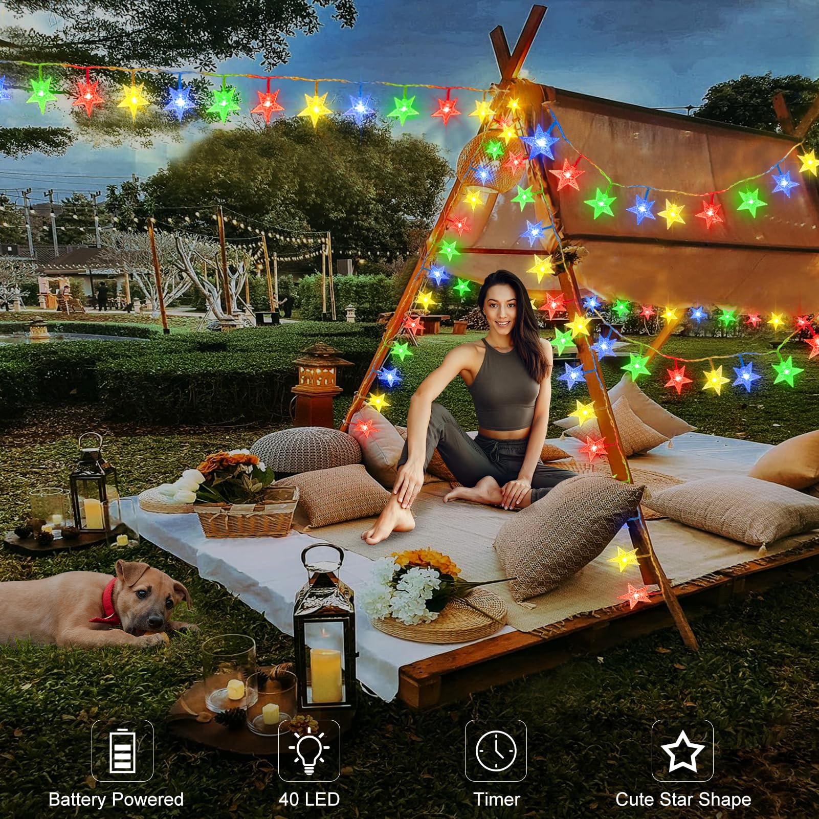 Echosari 13.2Ft 40 Led Battery Powered Fairy String Light,Five-Pointed Star String Lights For Chrismas, Party, Wedding, New Year, Garden Décor (Multi-Color)