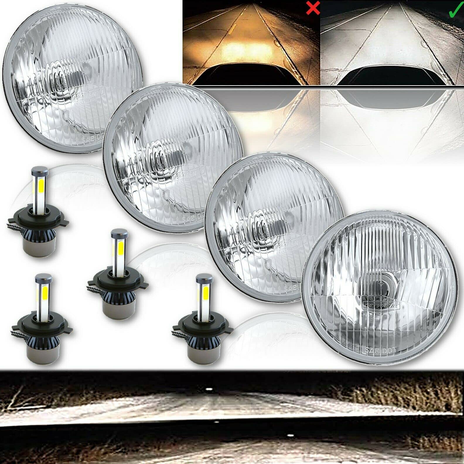 Octane Lighting 5-3/4 Stock Oem Retro Style Glass Metal Headlight Led 4000Lm H4 Light Bulb Headlamp Set (G5 Led Bulbs, 5.75'')