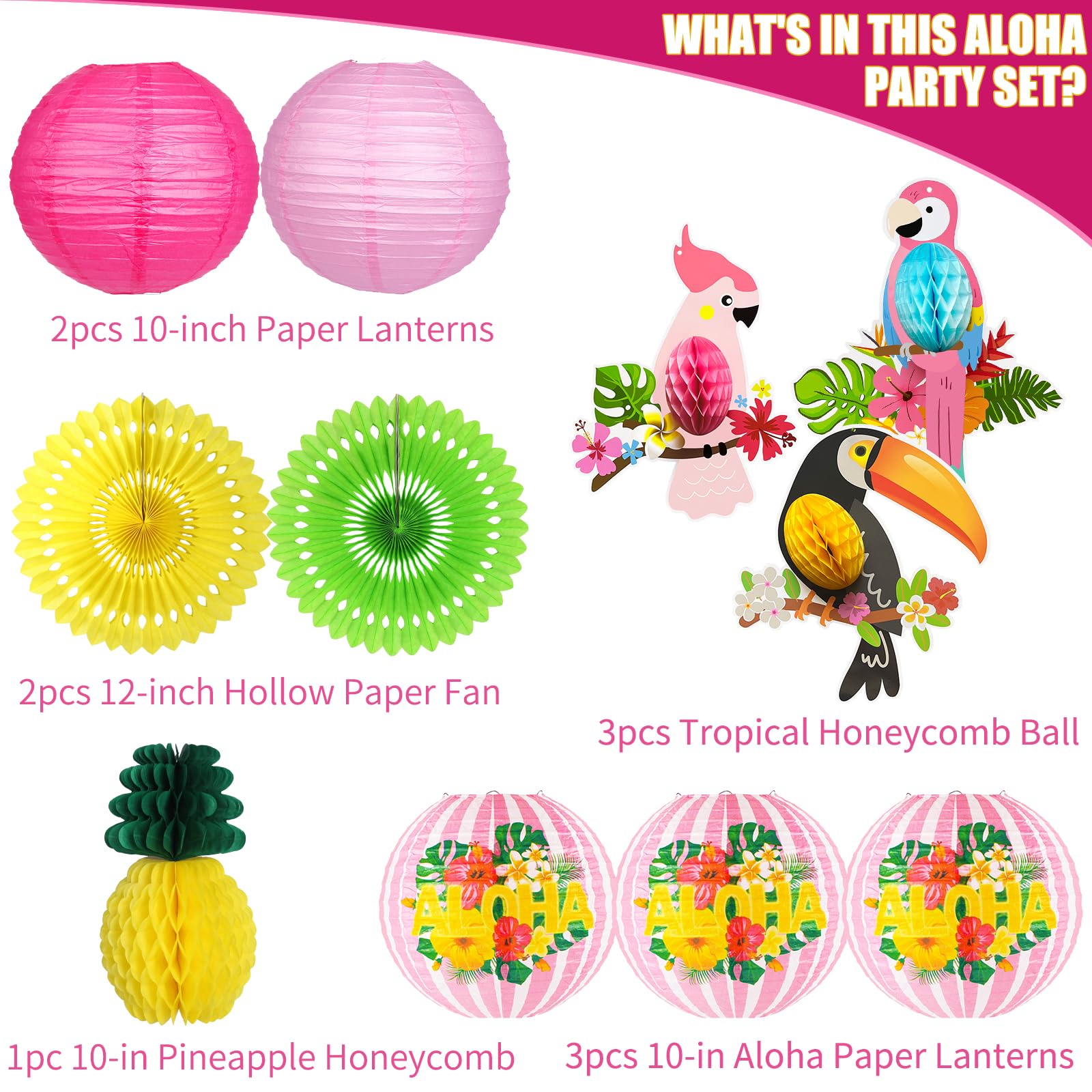 Zilue Luau Party Decorations, Aloha Paper Lanterns Tropical Parrot Birds Tissue Paper Fans Pineapple Honeycomb Decorations For B