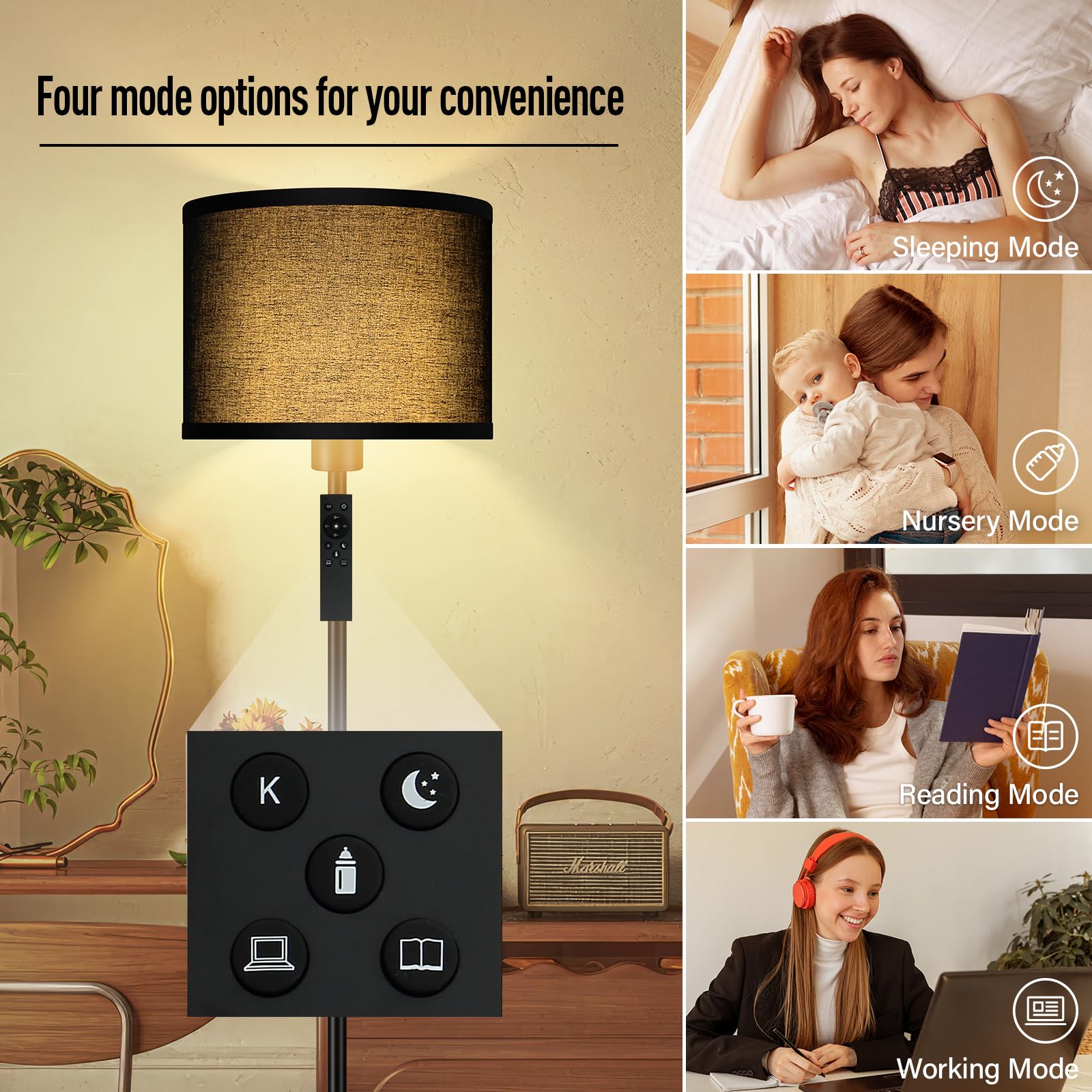 Bricosmocon Floor Lamp, 10W/1200LM, Stepless Dimmable, 2700K-6500K, Black, Modern Design for Living Room/Bedroom/Office