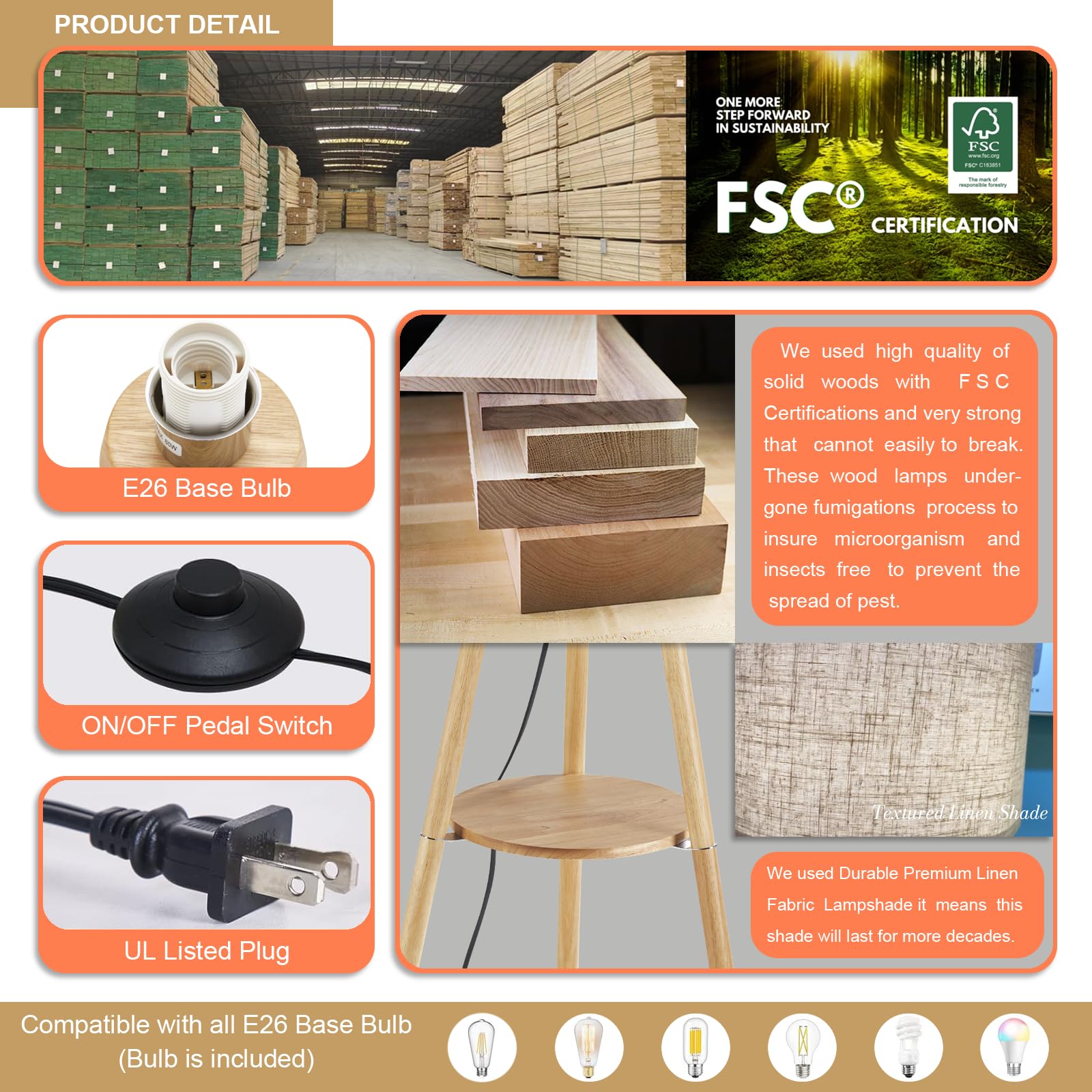 Baobab Tree Park Wood Tripod Floor Lamp With Shelf & 3 Color Temparature Led Bulb, Modern Nordic Wooden Standing Floor Lamp Line