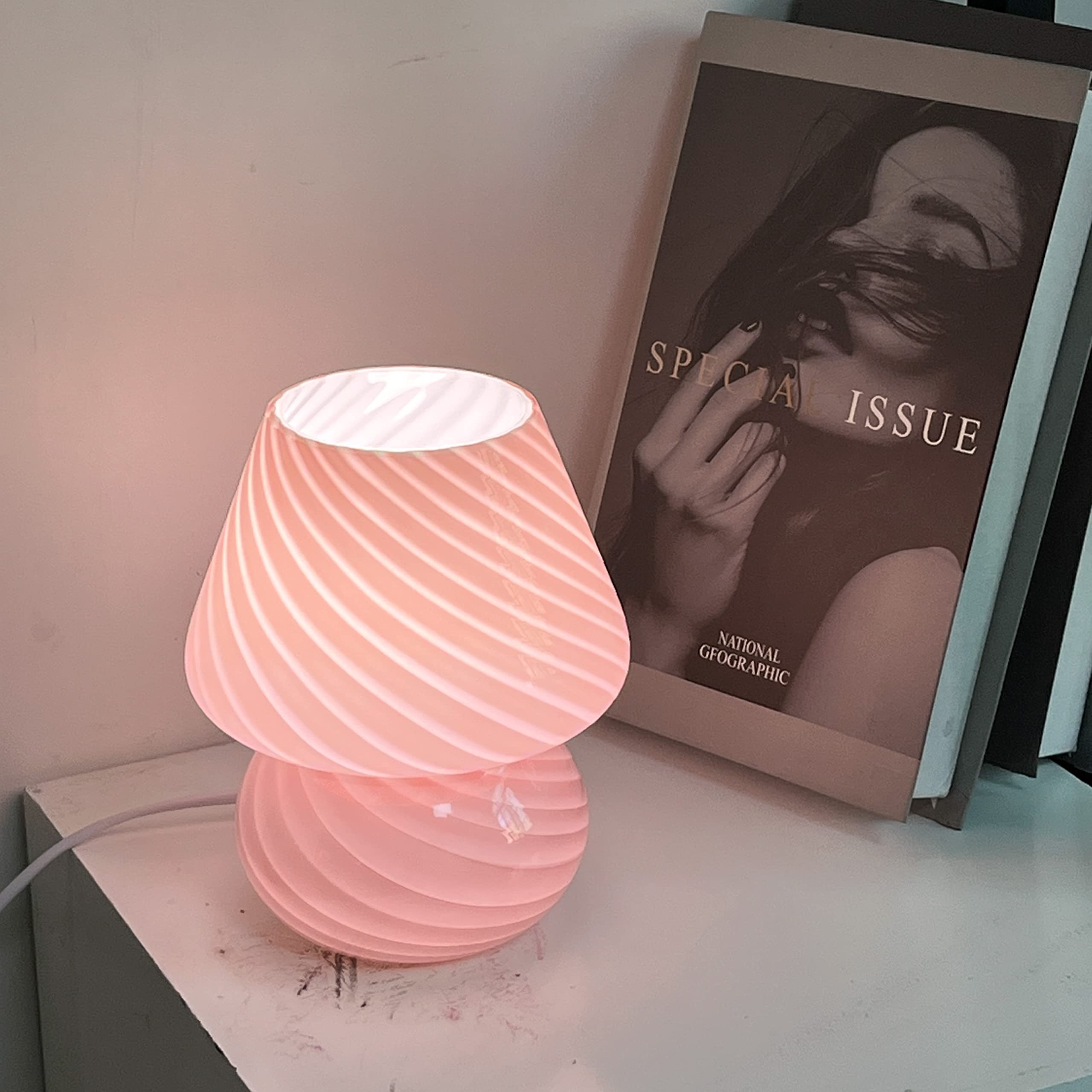 jonong Glass Striped Mushroom Bedside Lamp, 110V Pink Night Light, Model JN-2025