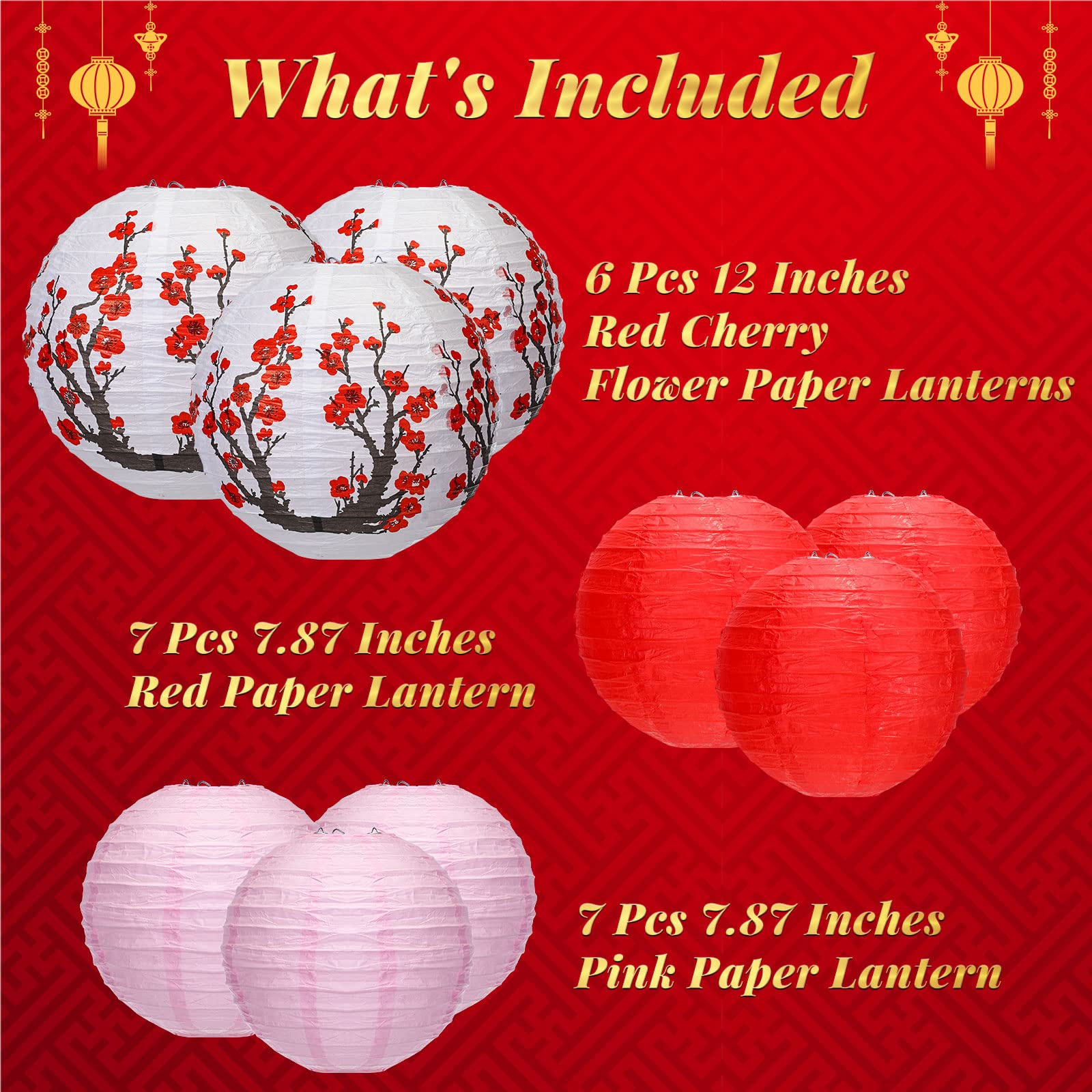 Mudder 20Pcs Chinese Japanese Paper Lanterns (12'' Cherry Blossom, 7.5'' Red) For Wedding, Party Decor