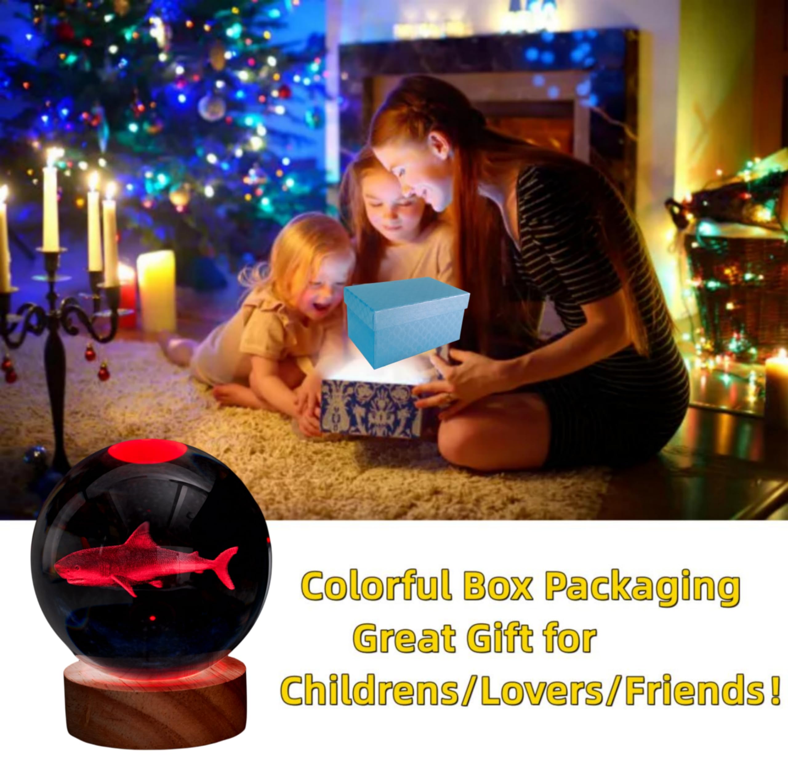 3D Shark Crystal Ball Lamp,Lifelike 3D Led Shark Night Light,16 Colors Changing Light,Dimmable Remote Control,Shark Lamp Gift (Shark)