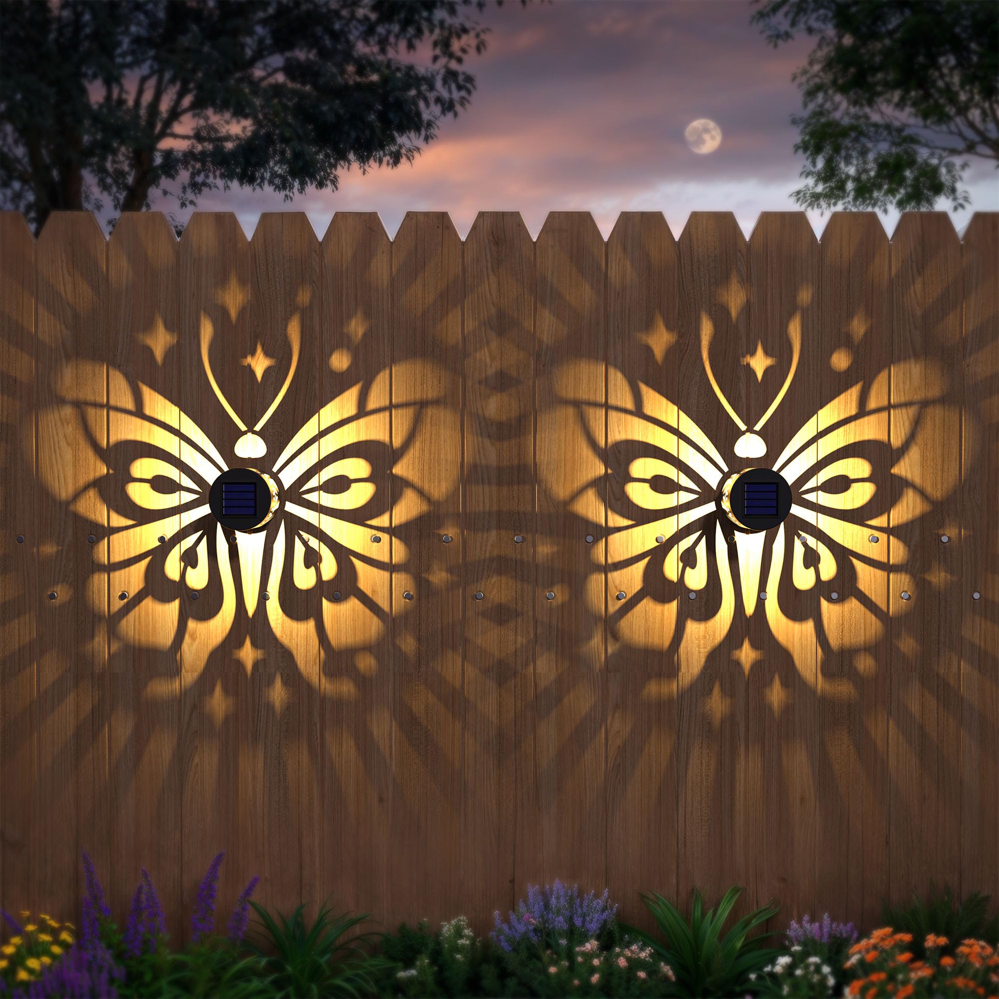 Hapjoy Solar Fence Lights 2 Pack Outdoor Deck Step Wall Lights Metal Waterproof LED Warm Yellow Light for Garden Post Patio Back
