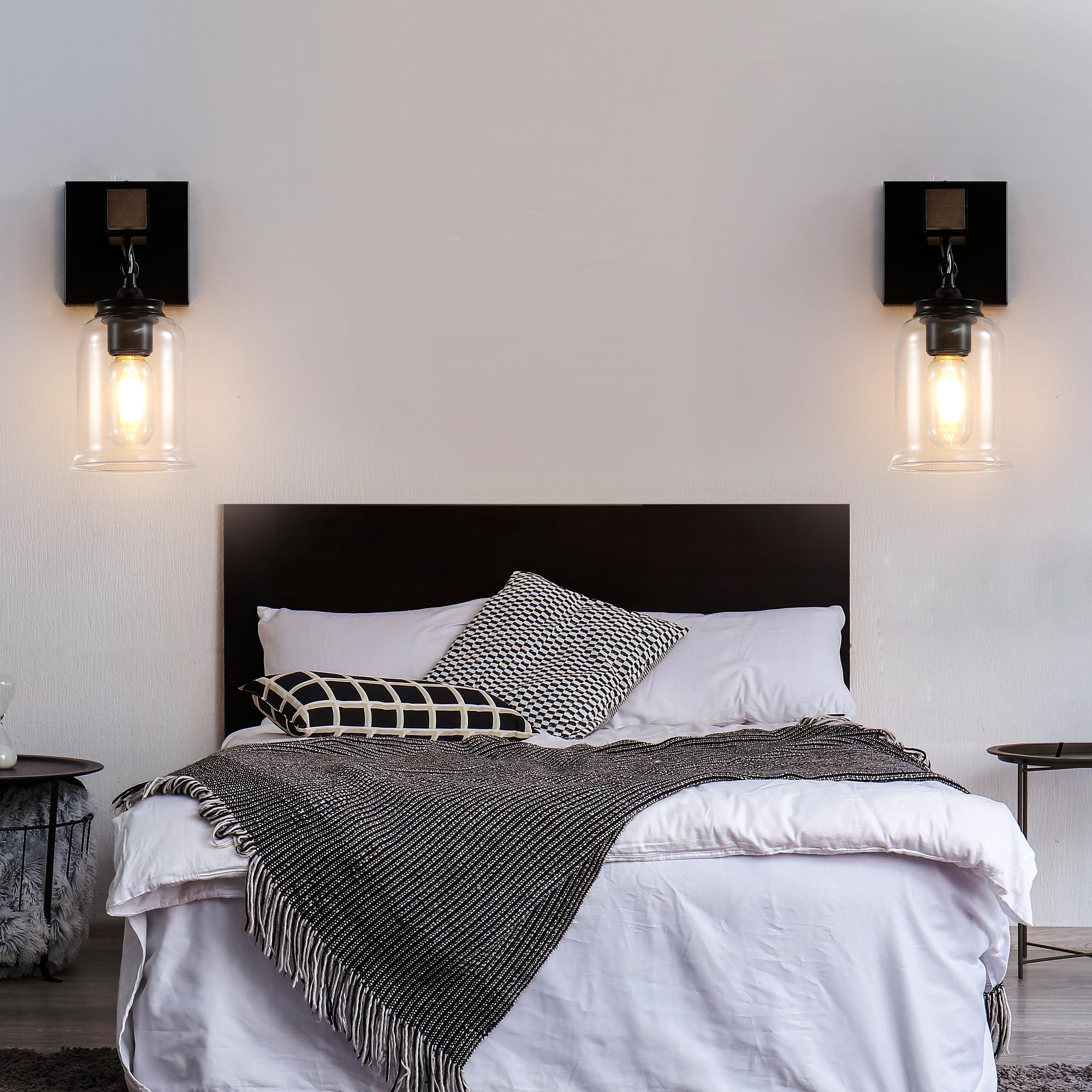 Wall Sconces Set Of Two, Farmhouse Bathroom Light Fixtures, Black Wood Rustic Vanity Lights With Clear Glass Shades, Wall Sconce