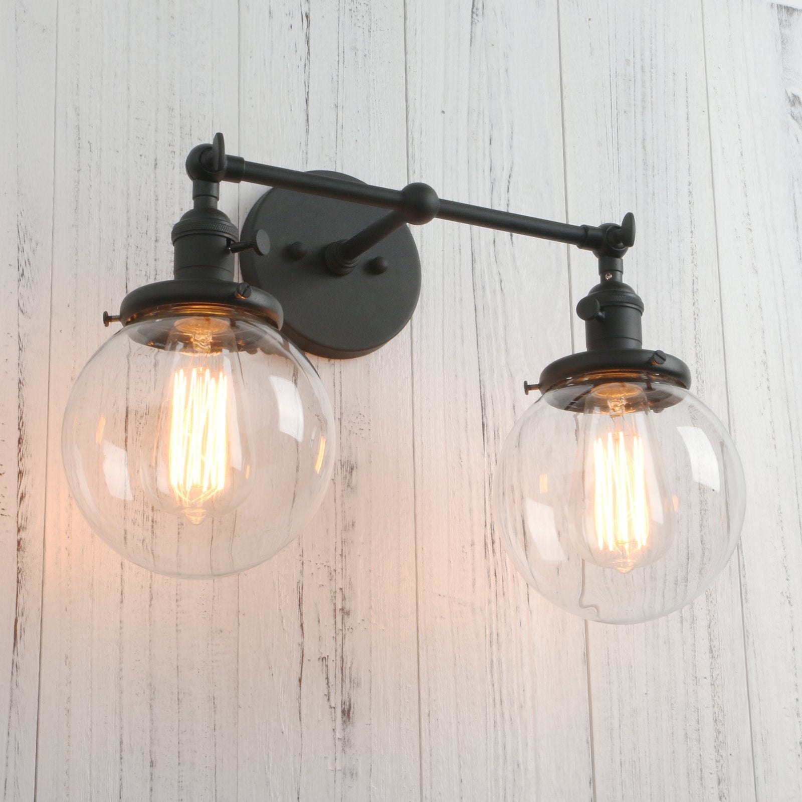 Permo Double Sconce Vintage Industrial Antique 2 Lights Wall Sconces With Dual 5.9 Round Clear Glass Globe Shade (Black)