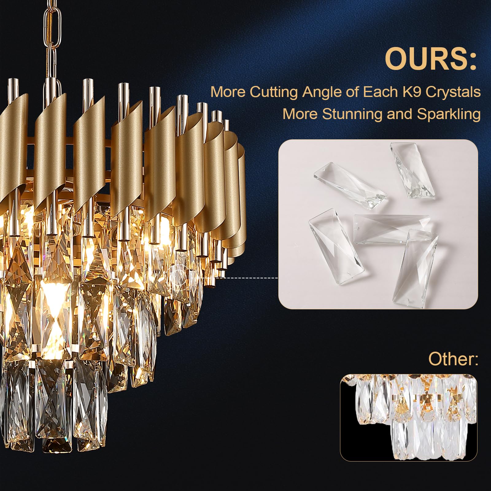A AXILIXI Gold Crystal Chandelier 16” Modern 3-Tier Dimmable Flush Mount Light Fixture for Dining Room, Living Room, Kitchen, Model 8801