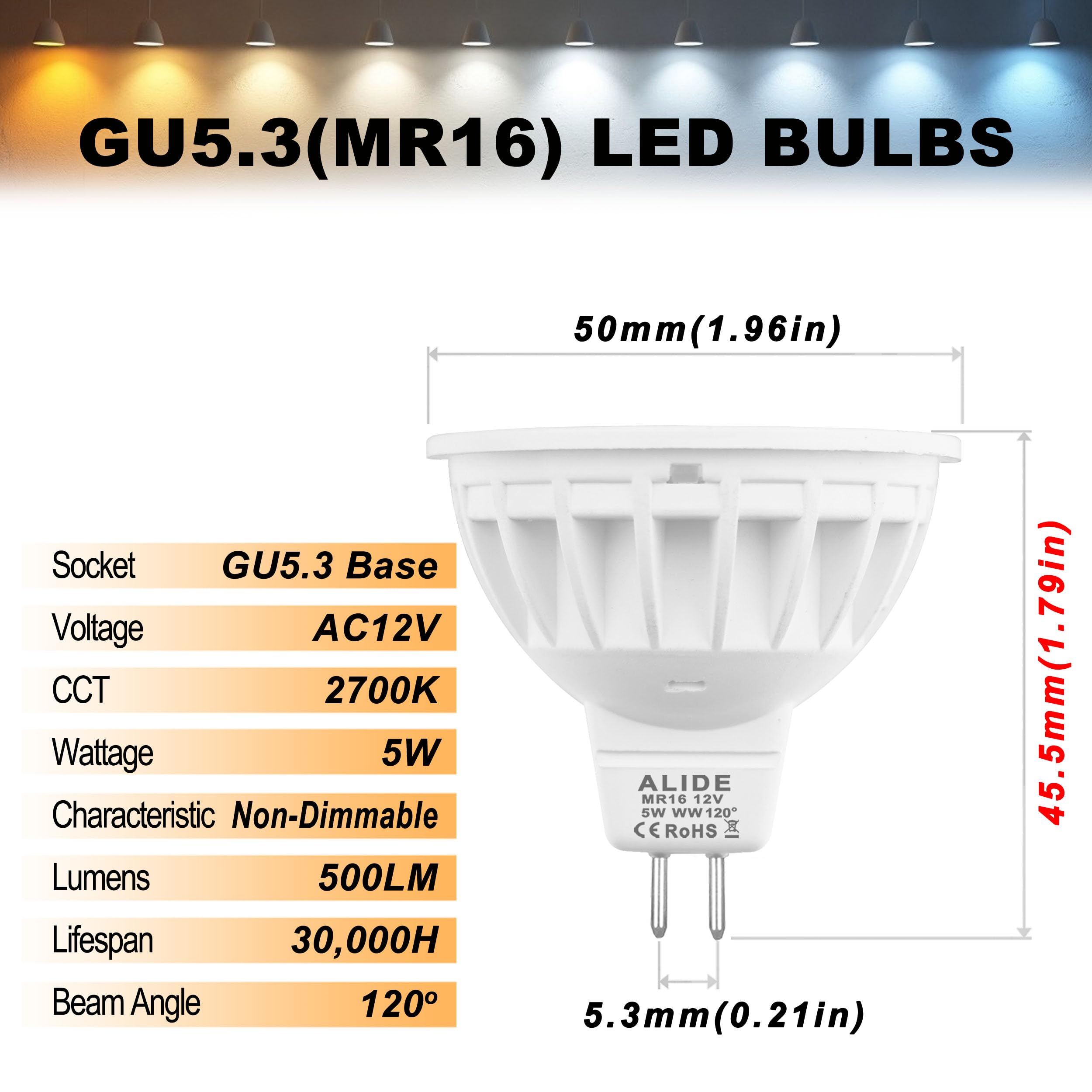 Alide 10 Pack Mr16 Landscape Led Bulbs 50W Halogen Equivalent,2700K Warm White,5W Gu5.3 Mr16 Flood 12V Spotlight Bulb,Non-Dimmab