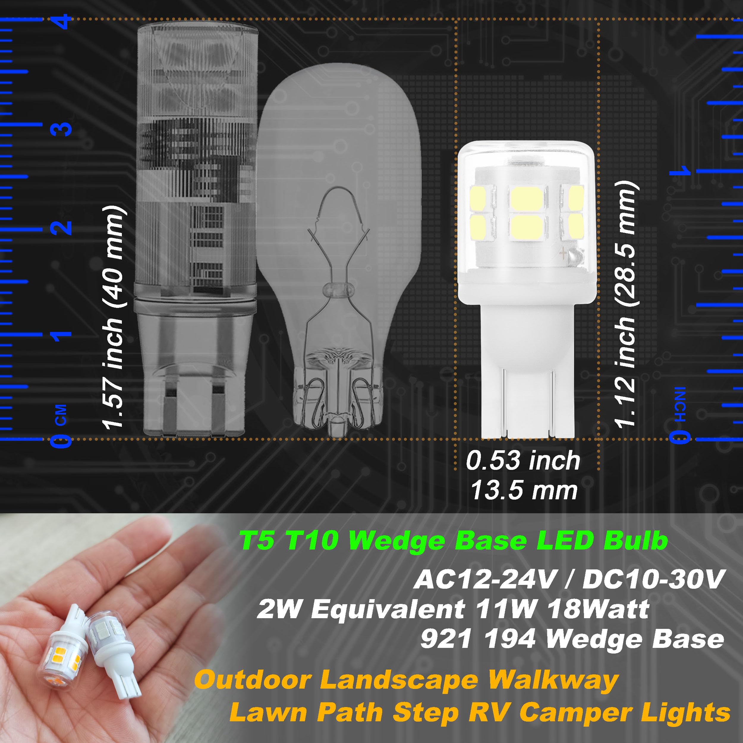12V T5 T10 Wedge Base Led Bulbs 2 Watt Replace 11W 18W Incandecent Bulbs 300Lm 6000K Daylight White 194 921 Led Bulb For Rv Camp