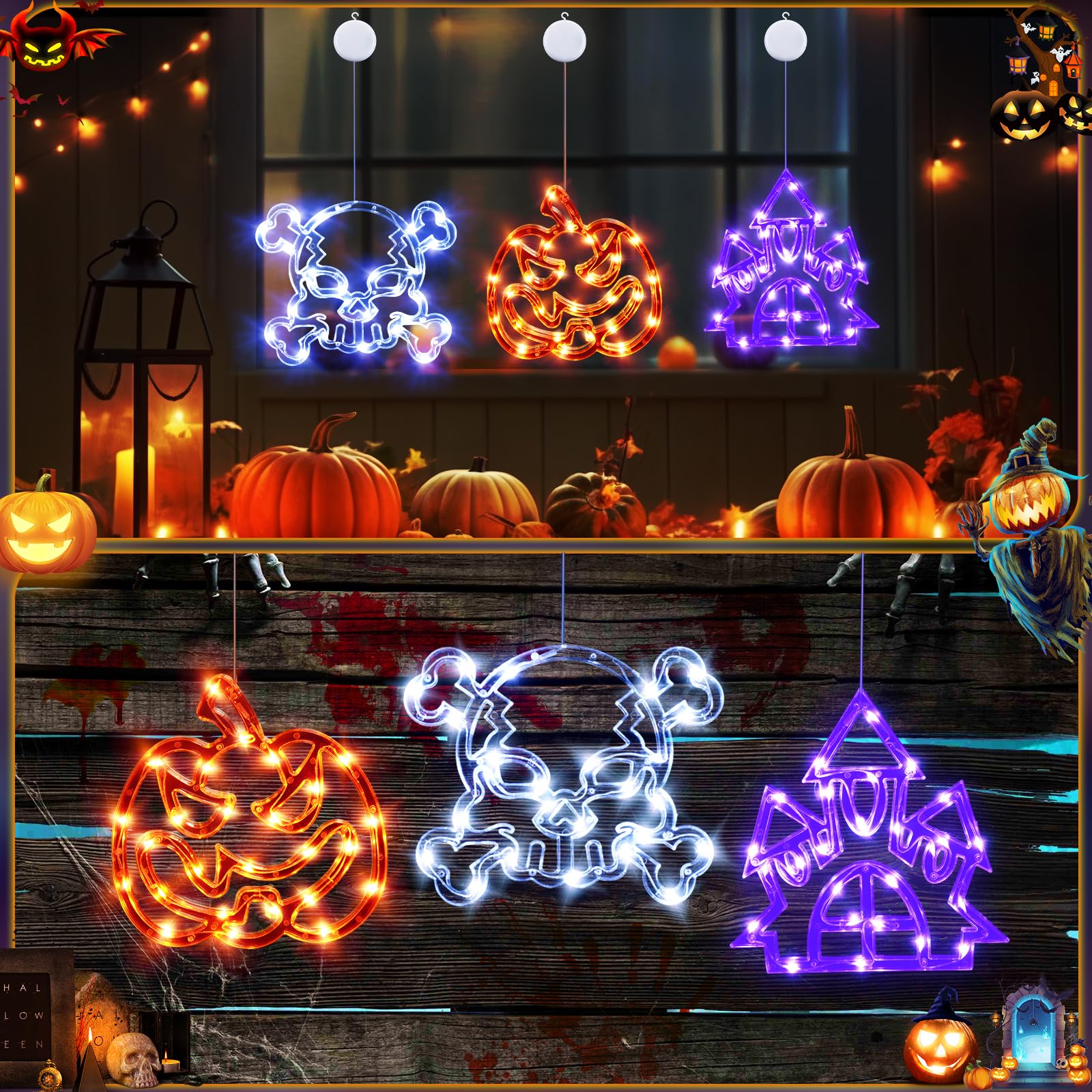 Tiaxidex Halloween Window Lights, Halloween Decorations 3Pcs Skull Pumpkin Castle With Modes Of Flashing And Steady Light With Suction Cup, Upgrade Timer, Battery Operated Halloween Window Decoration