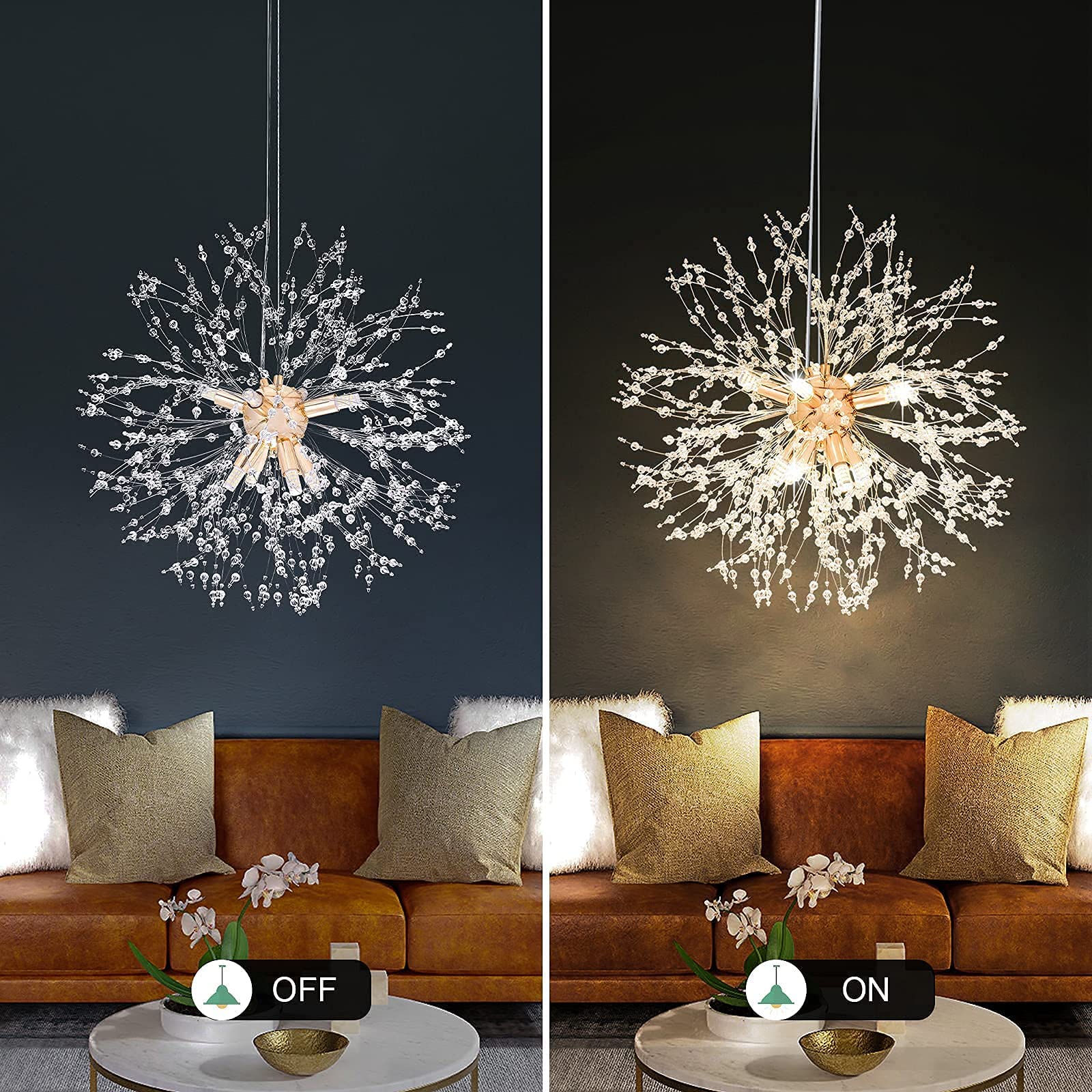 SineRise 8-Light Modern Crystal Chandelier - Gold Dandelion Light Fixture for Foyer, Hallway, Kitchen, Bedroom