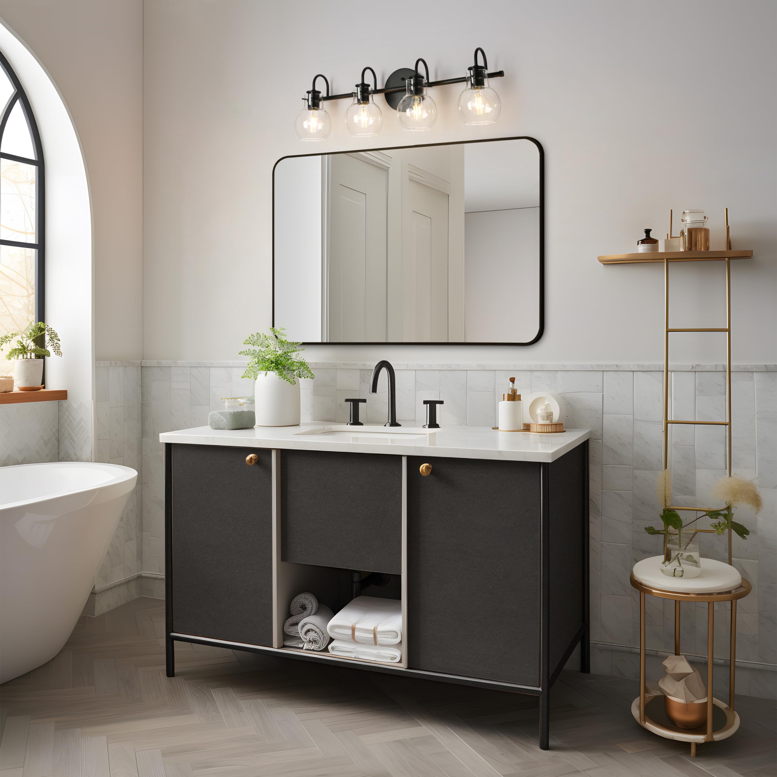 Ksana Black Bathroom Light Fixtures, 4-Light Modern Farmhouse Black Vanity Lights With Clear Glass Shade Over Mirror For Hallway