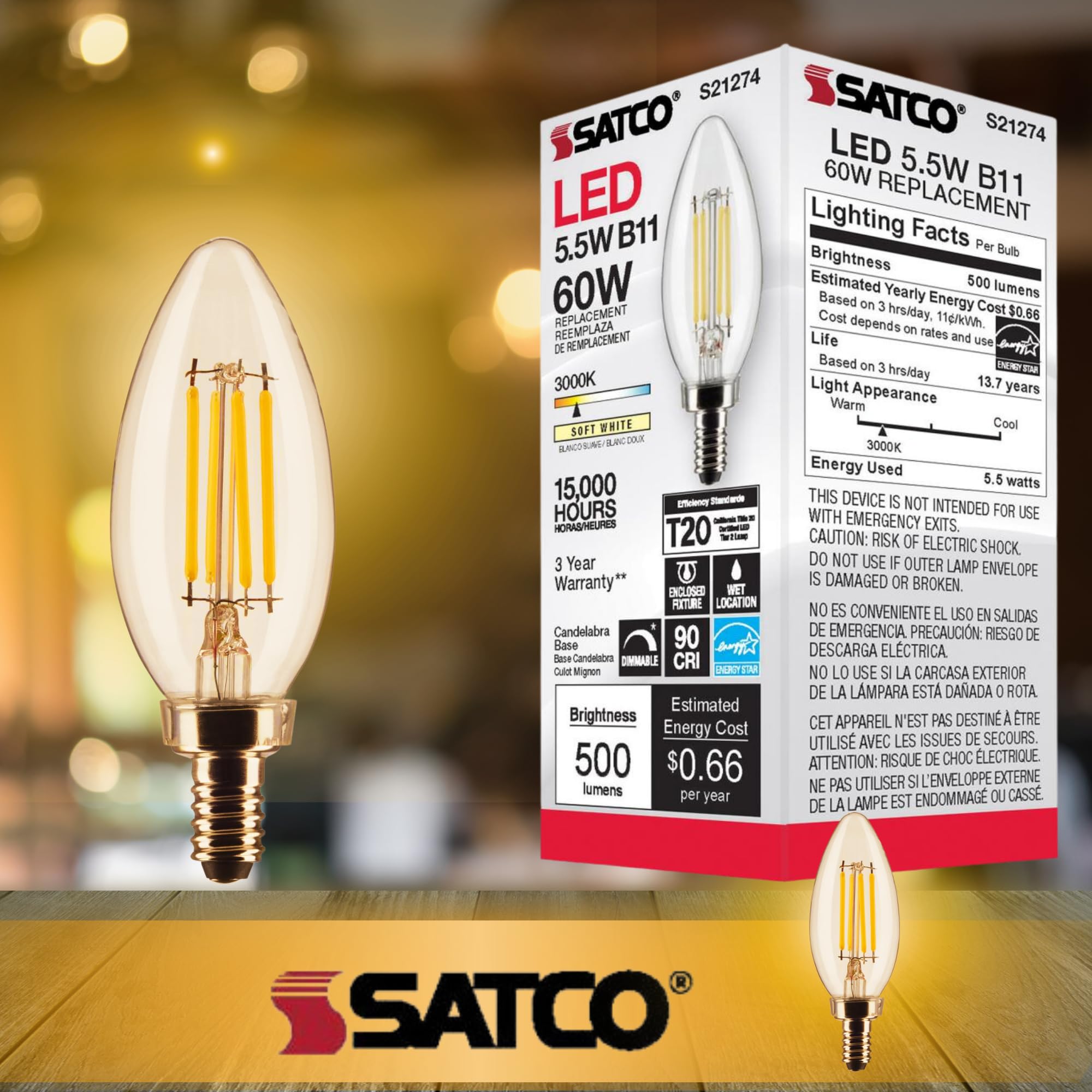 Satco B11 LED Bulb, 5.5 Watt, Warm 3000K, Pack of 2, Glass