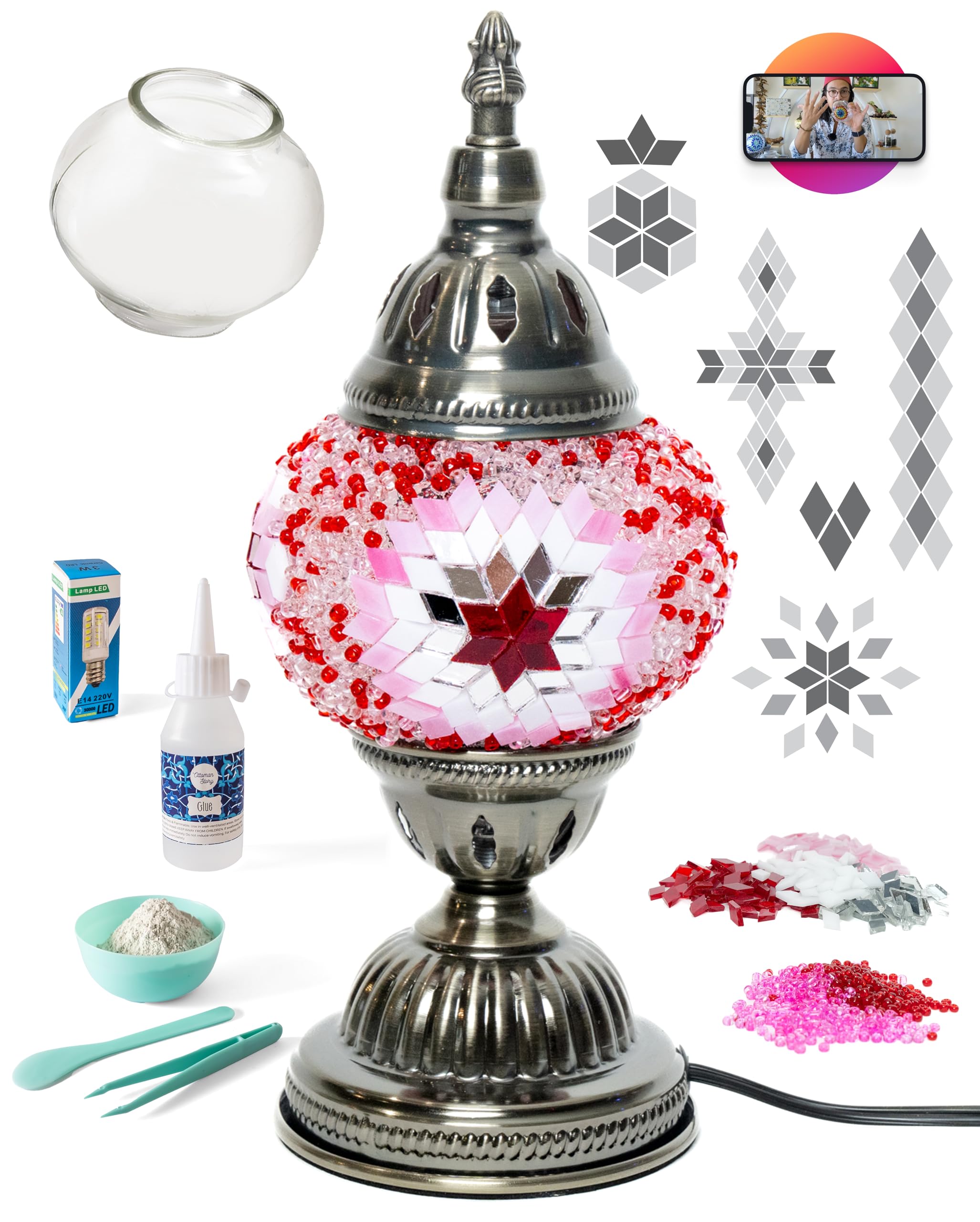 KRAFTSTORIES Turkish Mosaic Lamp Kit DIY Glass Decorative Table Bedside Night Light Tabletop for Living Room Bedroom | Make Your Own Lamp | Antique Bronze Base (Rose Garden)