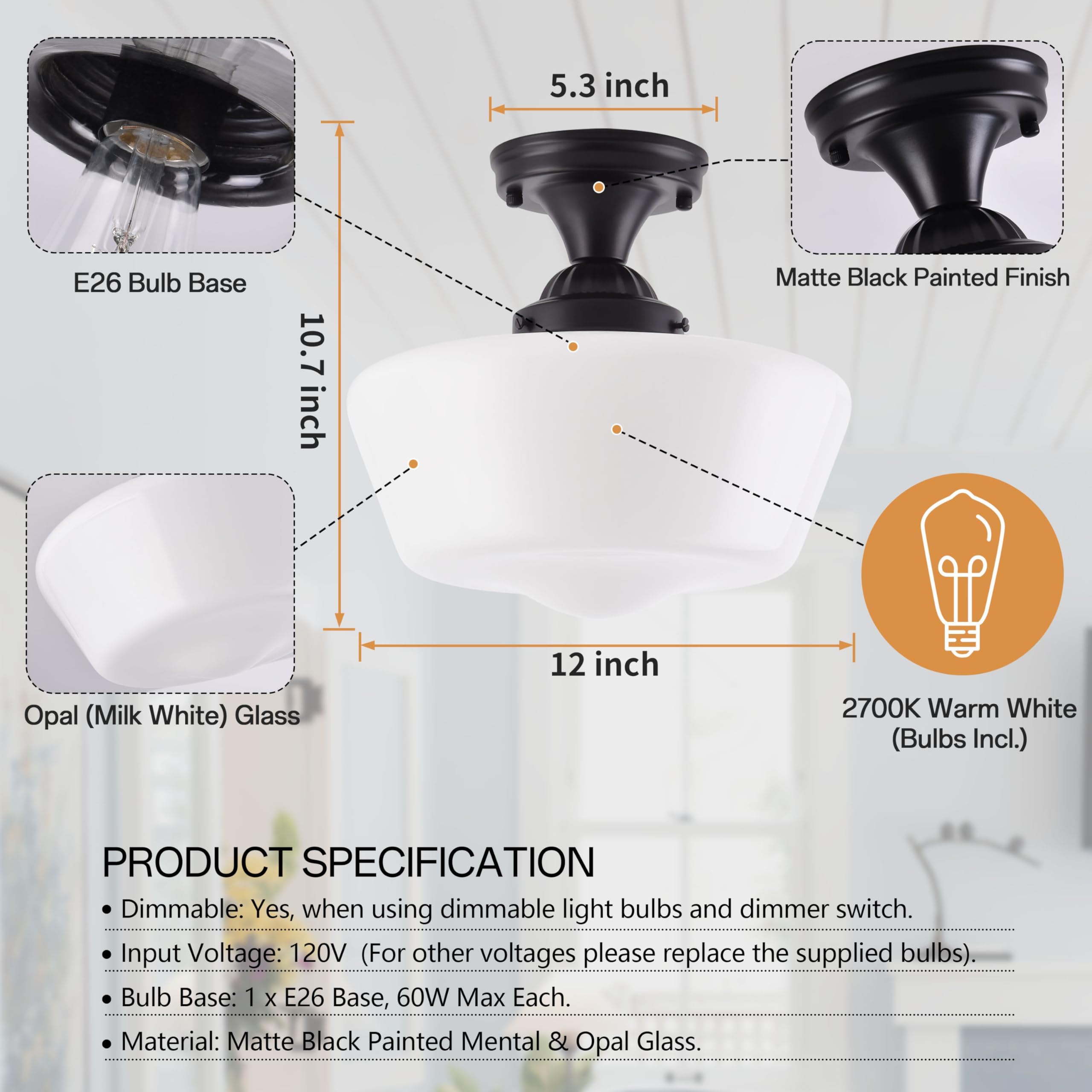 Ayshwilldec 12'' Mid Century Black Semi Flush Mount Light Fixture With Milk Glass, Led Bulb