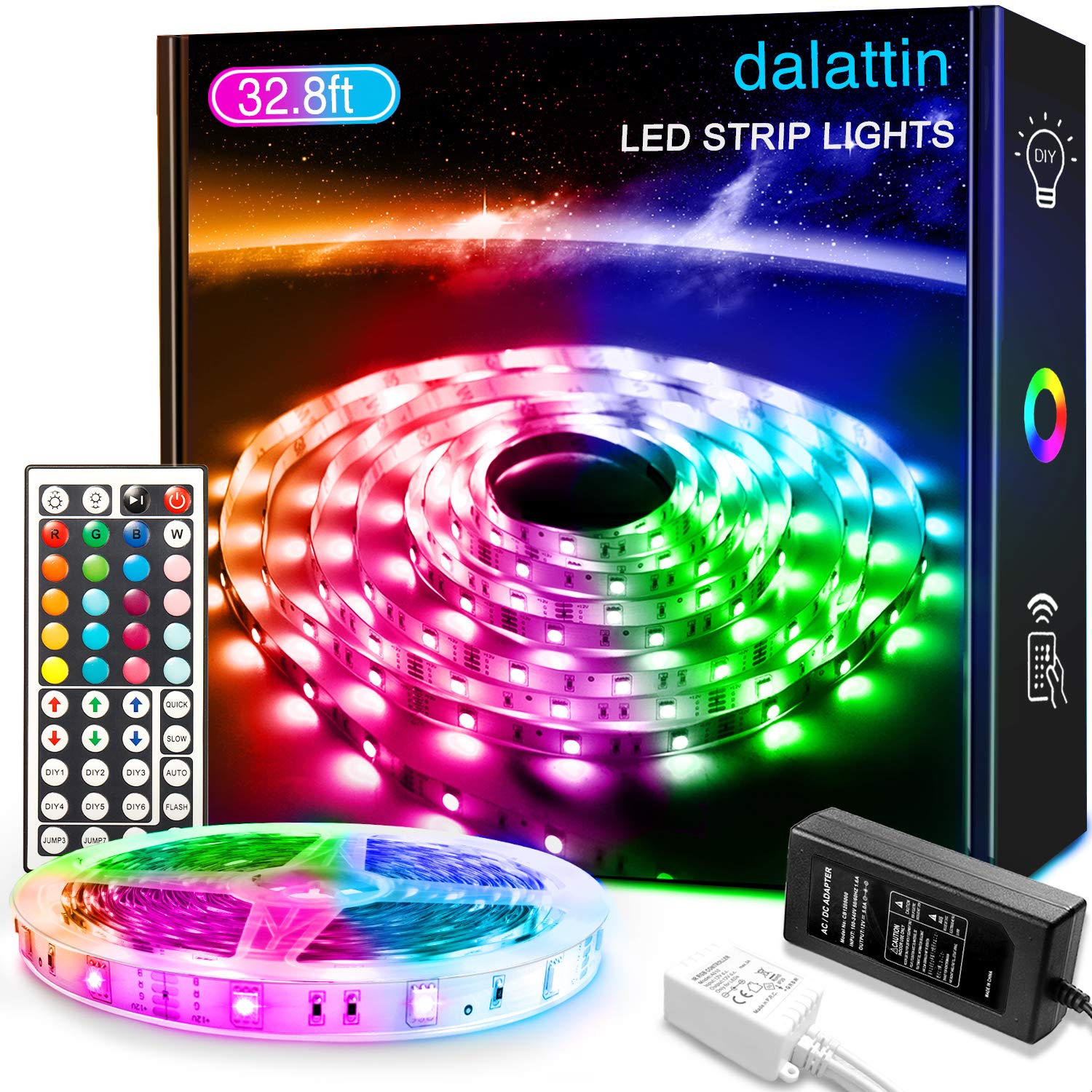 dalattin LED Strip Lights, 32.8ft Multicolor RGB Light, Vinyl, Model TB50111044R-RA01, 44 Keys Remote for Bedroom and Party Decor