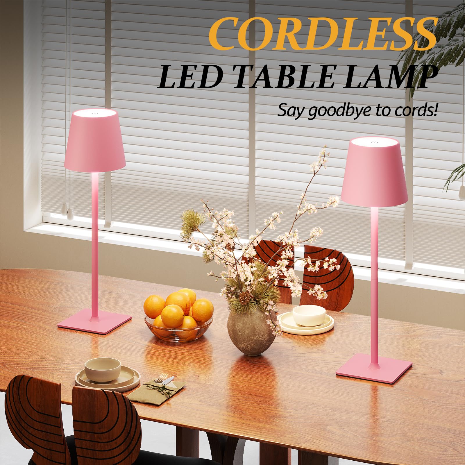 CHLORANTHUS Cordless Table Lamps - 2 Pack, 5000mAh Rechargeable, Stepless Dimming, Pink, Model: table-lamp -15