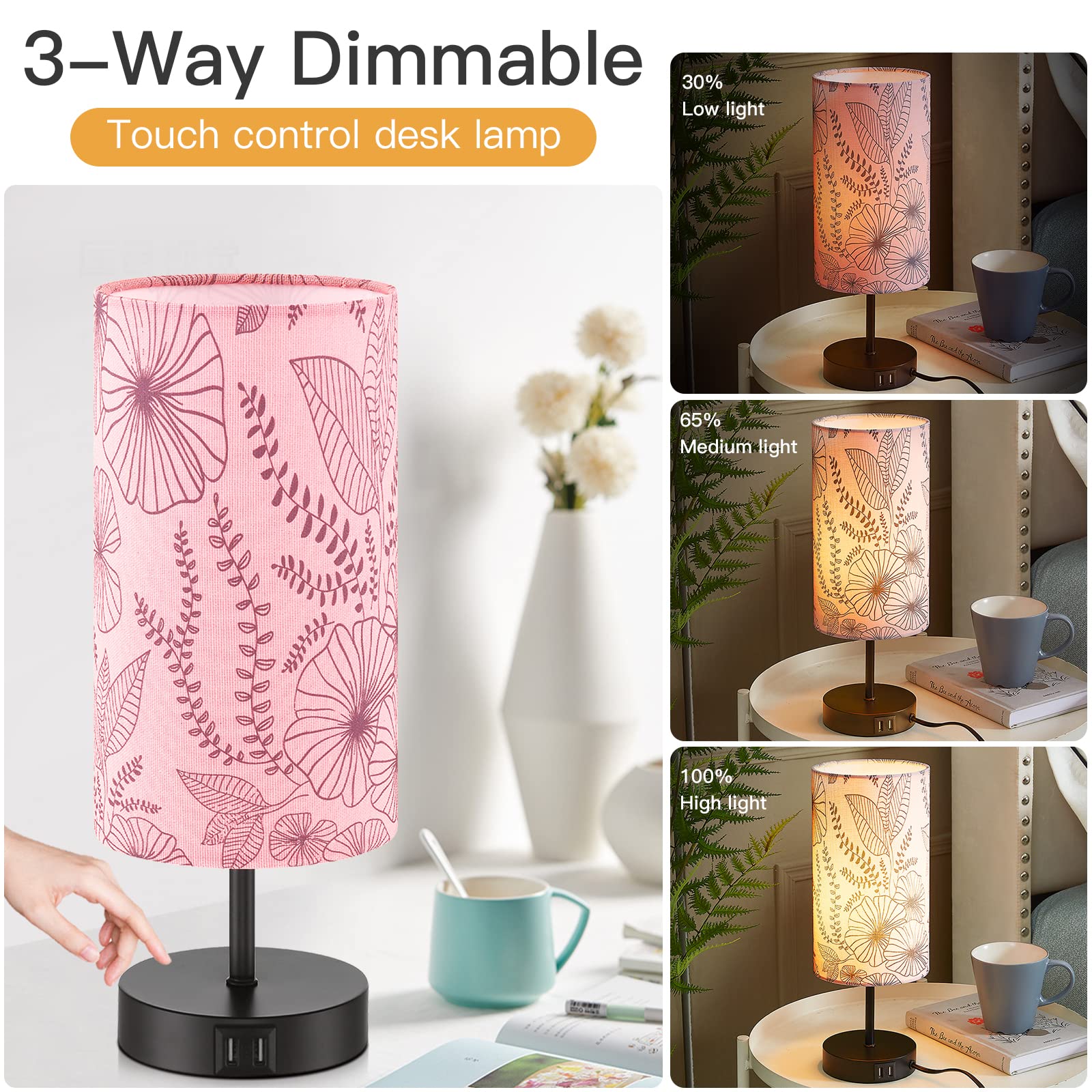 Bedside Table Lamp, Modern Touch Control Desk Lamp With 2 Usb Ports & Round Flower Linen Fabric Shade, 3 Way Dimmable Small Nigh