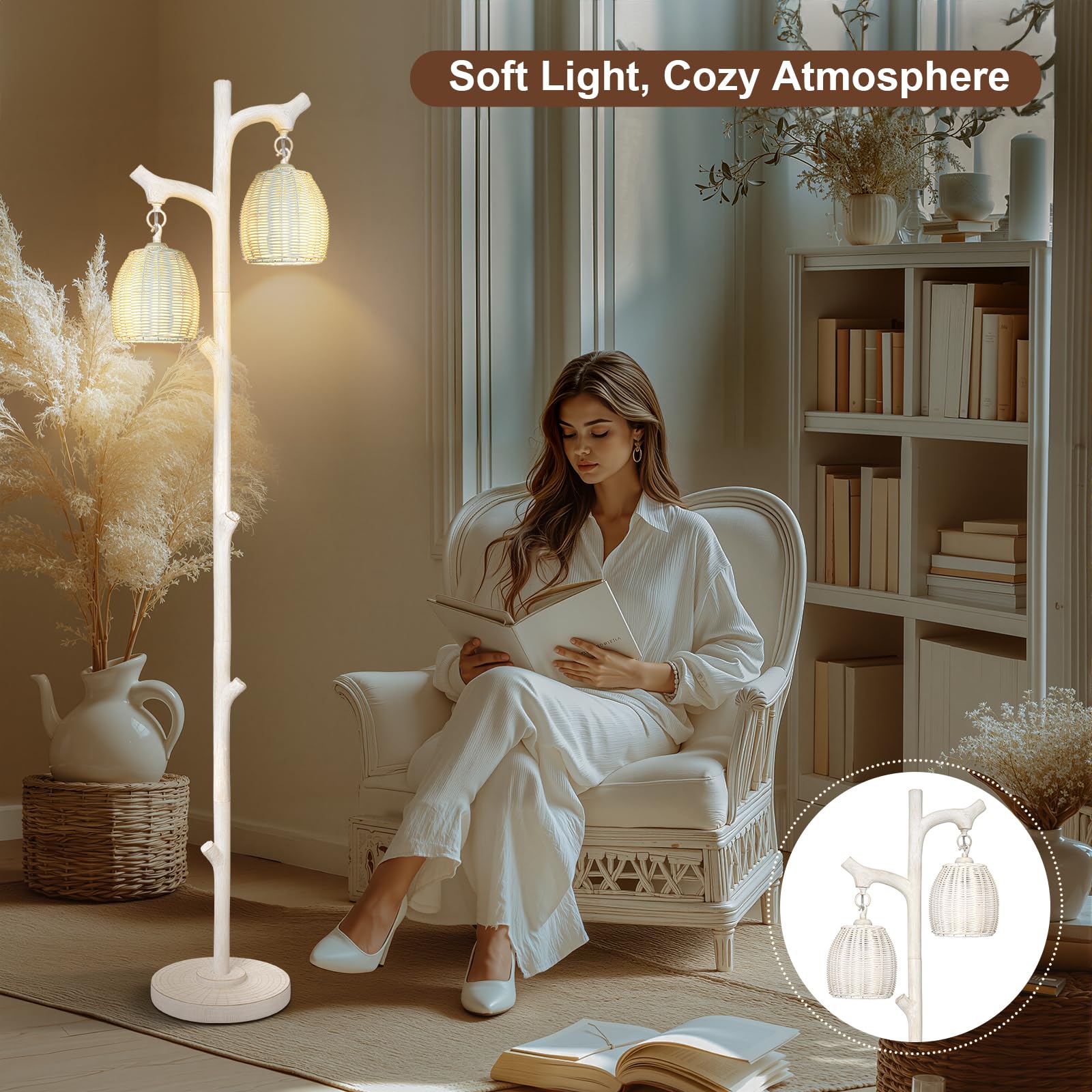 Scenekoy Rustic 68    Tall Floor Lamp With Rattan Shade, Retro Standing Lamp Tree Trunk Washed White Finish & Resin Body, Dimmab