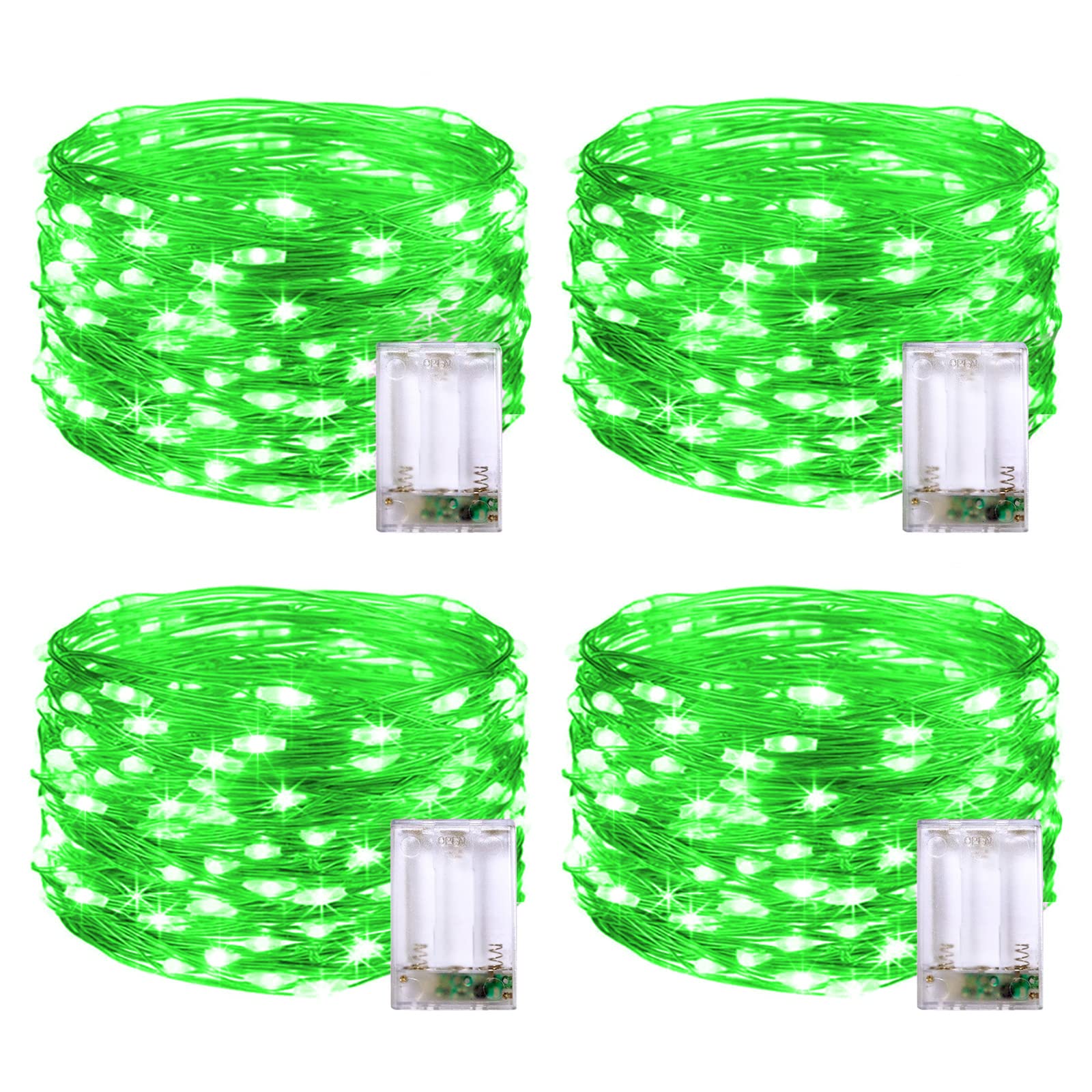 JMEXSUSS 4 Pack 50 LED Green Fairy Lights, Battery Operated, Waterproof for Indoor Outdoor Use, Perfect for Christmas Decorations
