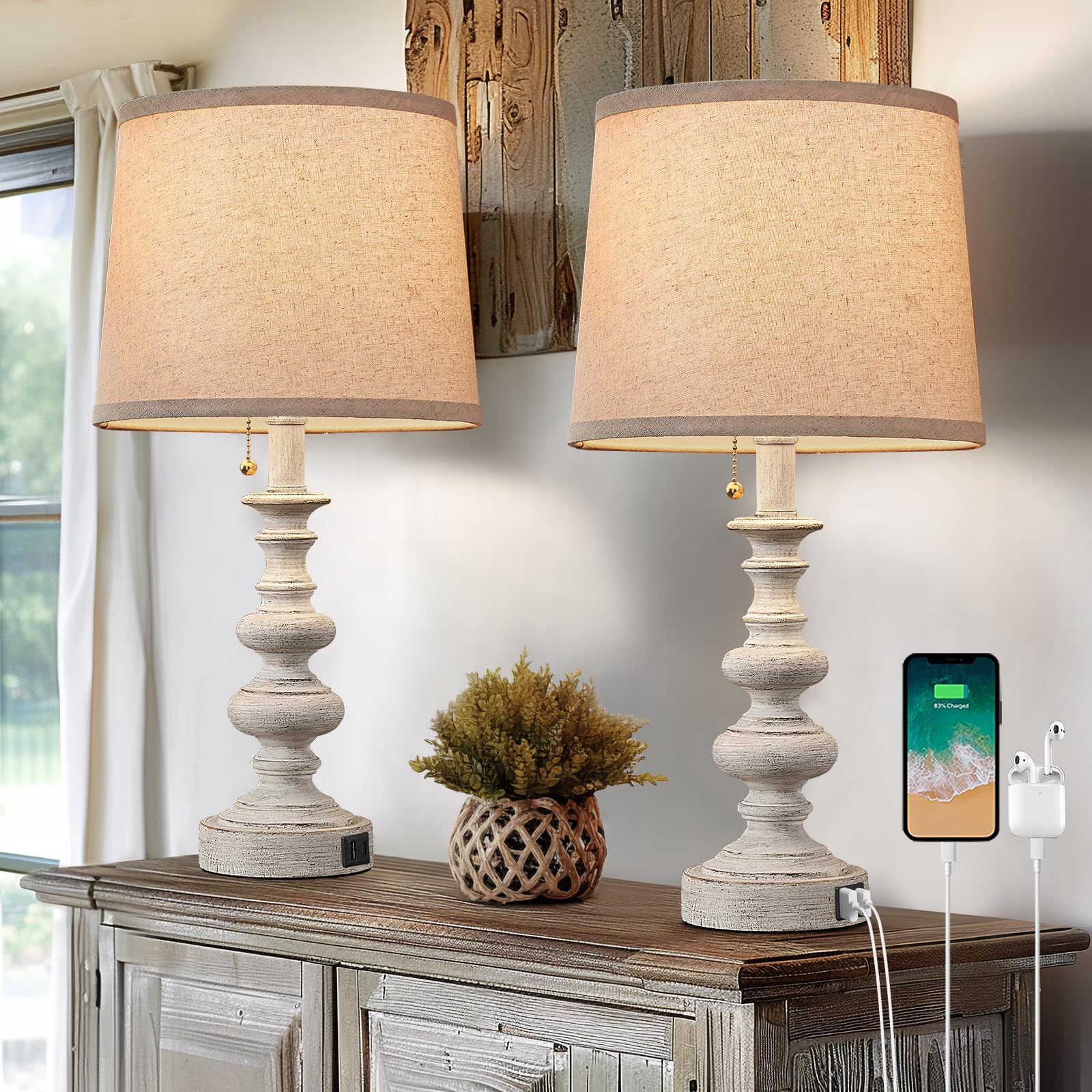 BOWOBO 21'' Farmhouse Table Lamp Set of 2 with USB A+C Ports for Bedroom Living Room Vintage Rustic Traditional Nightstand Bedsi