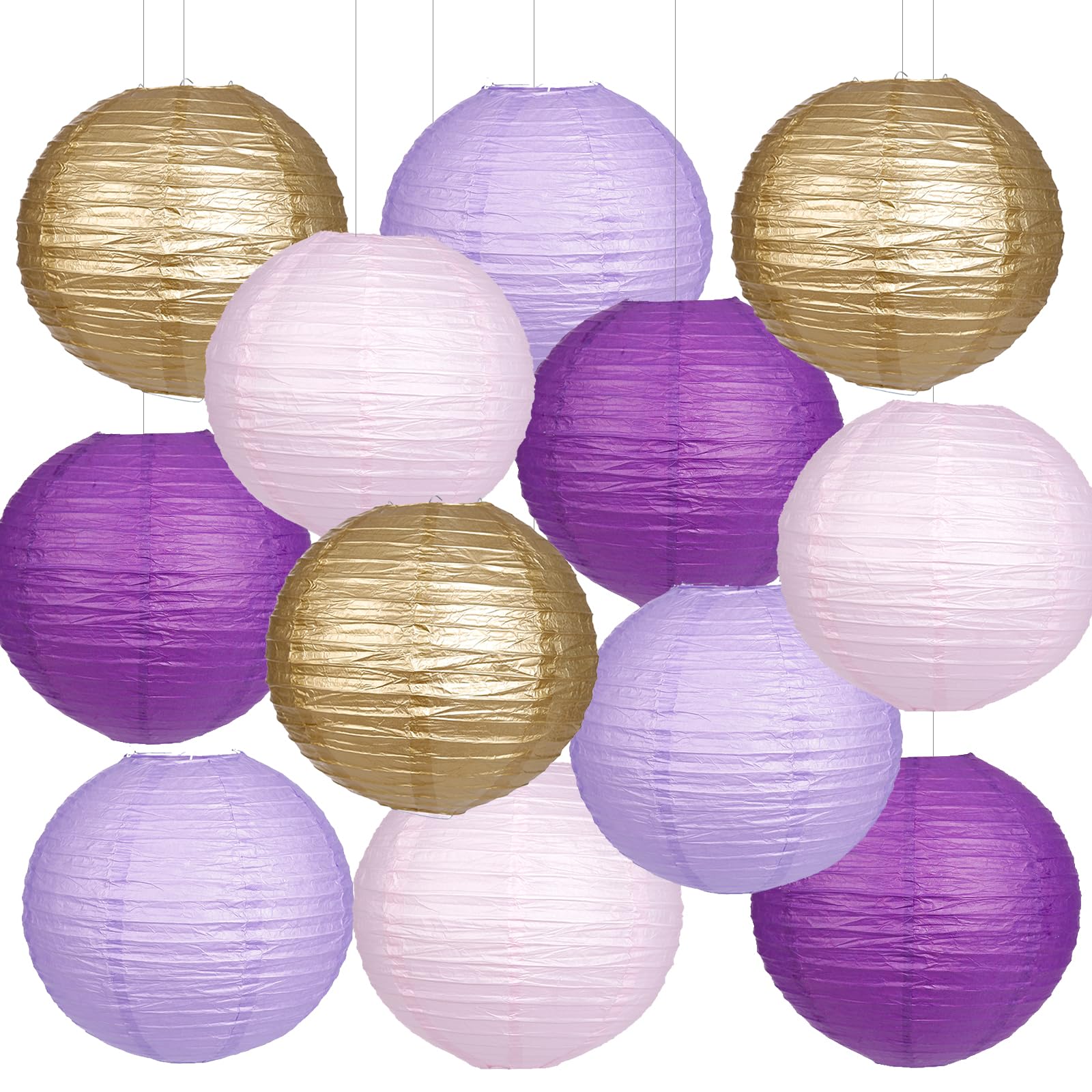 Yunxuan Paper Lanterns Purple Gold Round Hanging Chinese Lanterns For Birthday Baby Shower Bachelorette Party Decorations Pack O