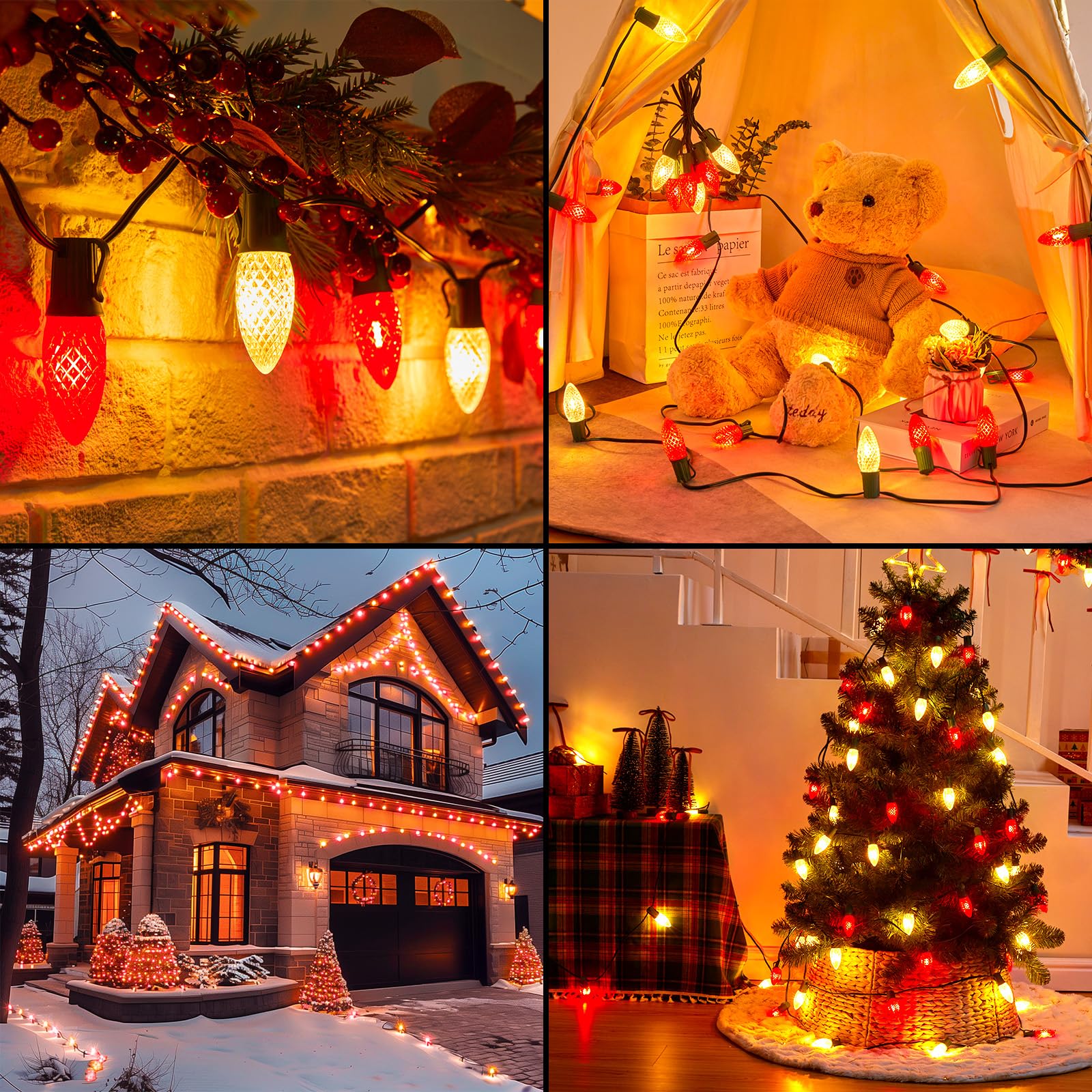 Minetom C9 LED Christmas Lights ·150 FT, 75 LED, Waterproof, Red and Warm White, Indoor/Outdoor Decor