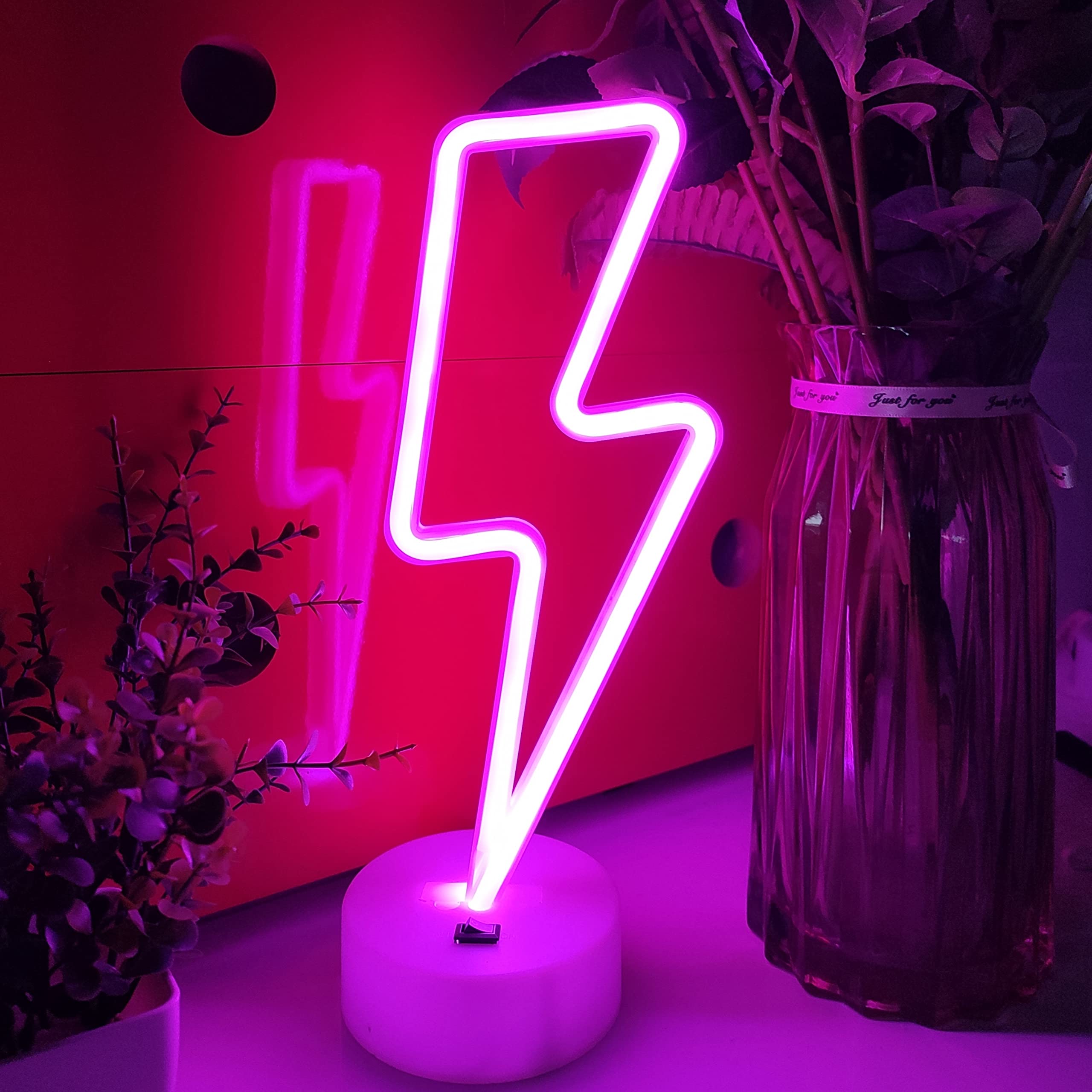 JYWJ Lightning Neon Sign, USB or Battery Powered, Pink LED Desktop Wall Decoration for Parties and Business Premises