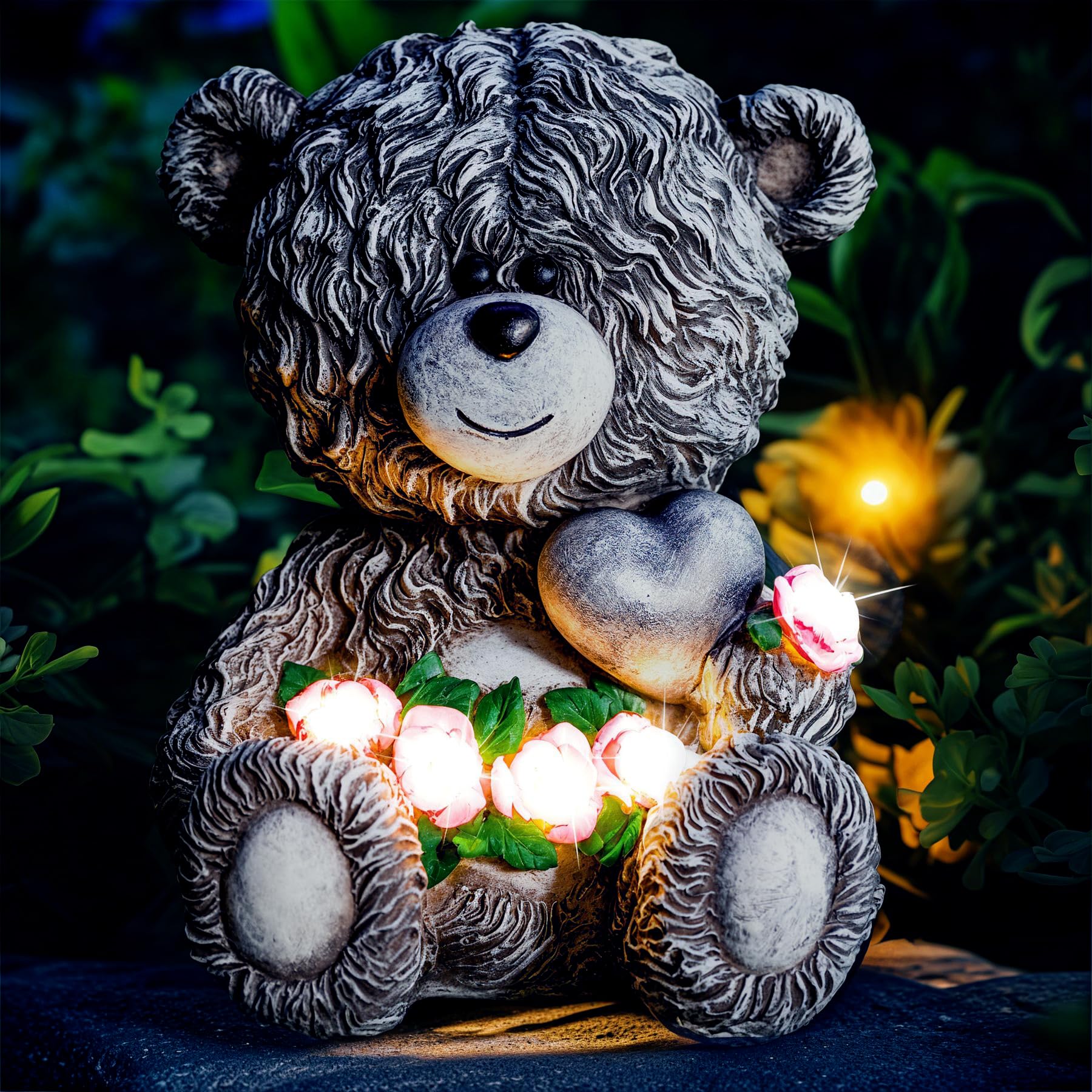 YDKOJGW Solar Garden Outdoor Statues Bear with Heart and Pink Flower and 5 LED Lights-Lawn Decor Bear Statue for Patio, Balcony,