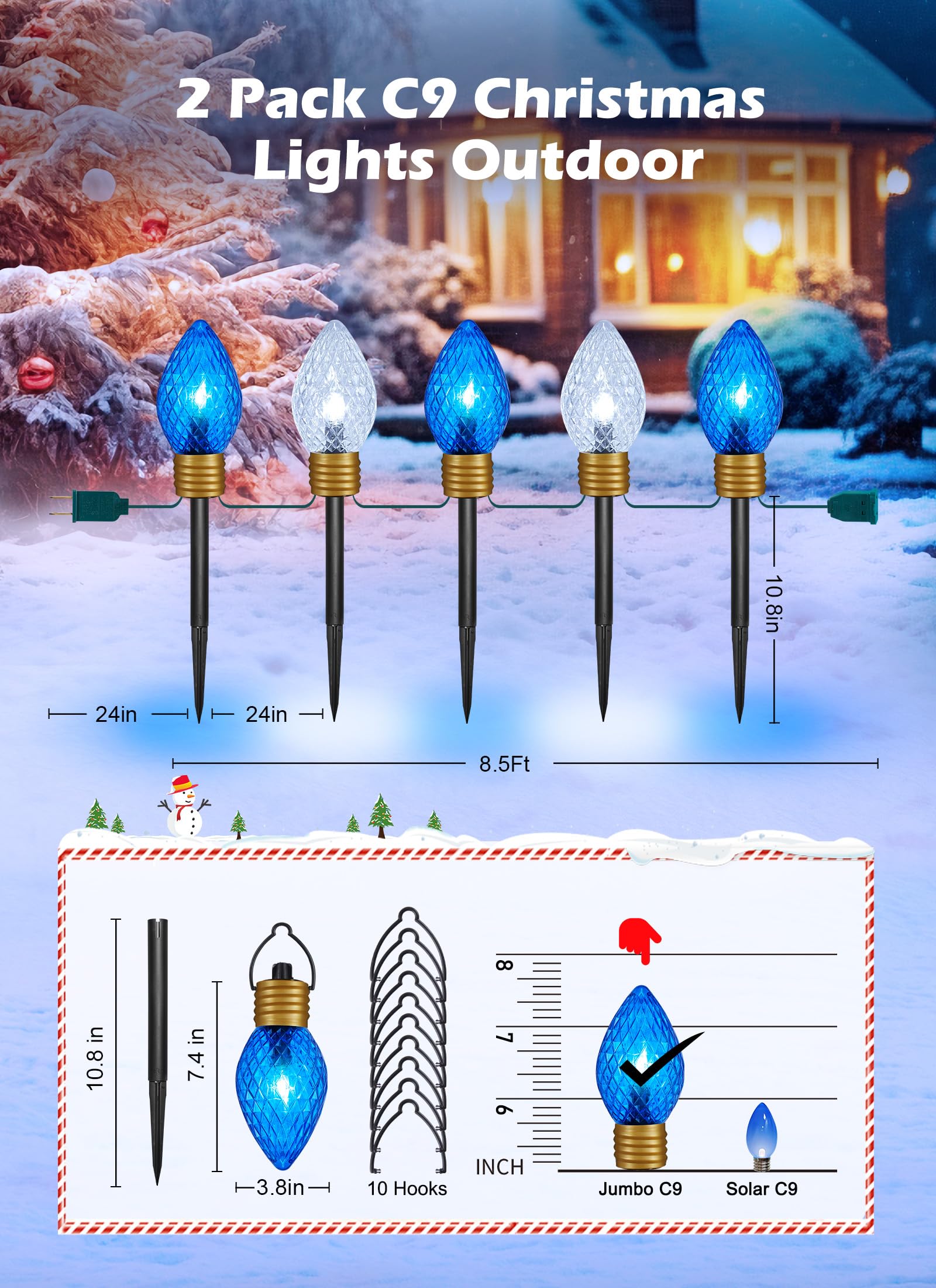 Brightown Strawberry Jumbo C9 Christmas Pathway Lights Outdoor -2 Pack Total 17 Feet 10 Led Jumbo C9 Walkway Lights, Christmas L