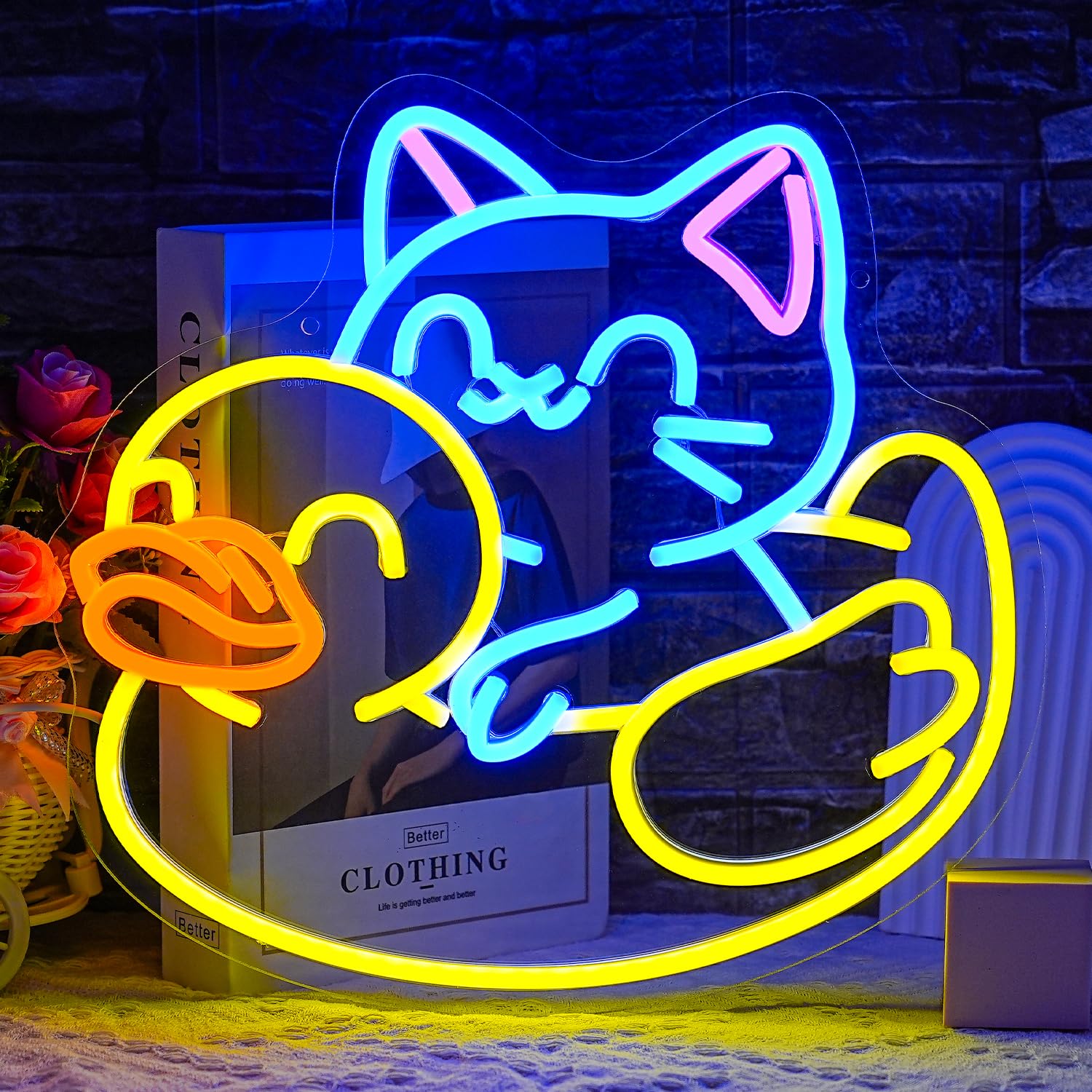 LULANMP Cat Neon Sign - USB Powered LED Light for Wall Decor, 13.5inx12.9in, Yellow Duck & Blue Cat, Acrylic Animal Decoration